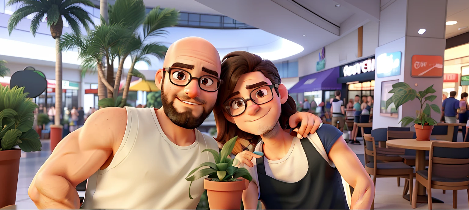 We're at the mall, there's some potted plants, we're sitting together, he's wearing a white tank top and he's got a beard and he's bald, he's got his hair down and he's short, he's wearing a little flowery outfit and he's wearing glasses
