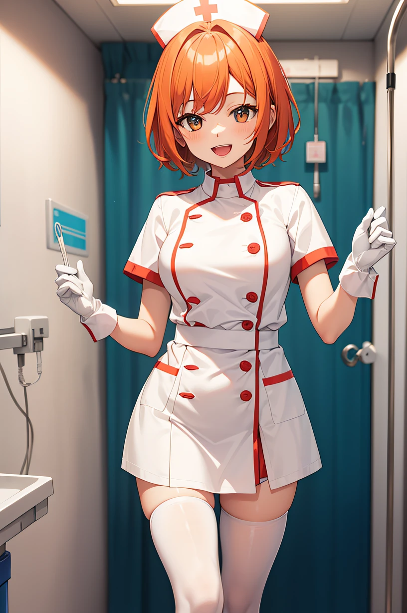 1girl, solo, nurse, nurse cap, white wear, ((white legwear, zettai ryouiki)), white gloves, very short hair, orange hair, smile, open mouth, standing, ((hospital room)), sharp outline, short sleeves, tomboy, boyish, best quality, masterpiece