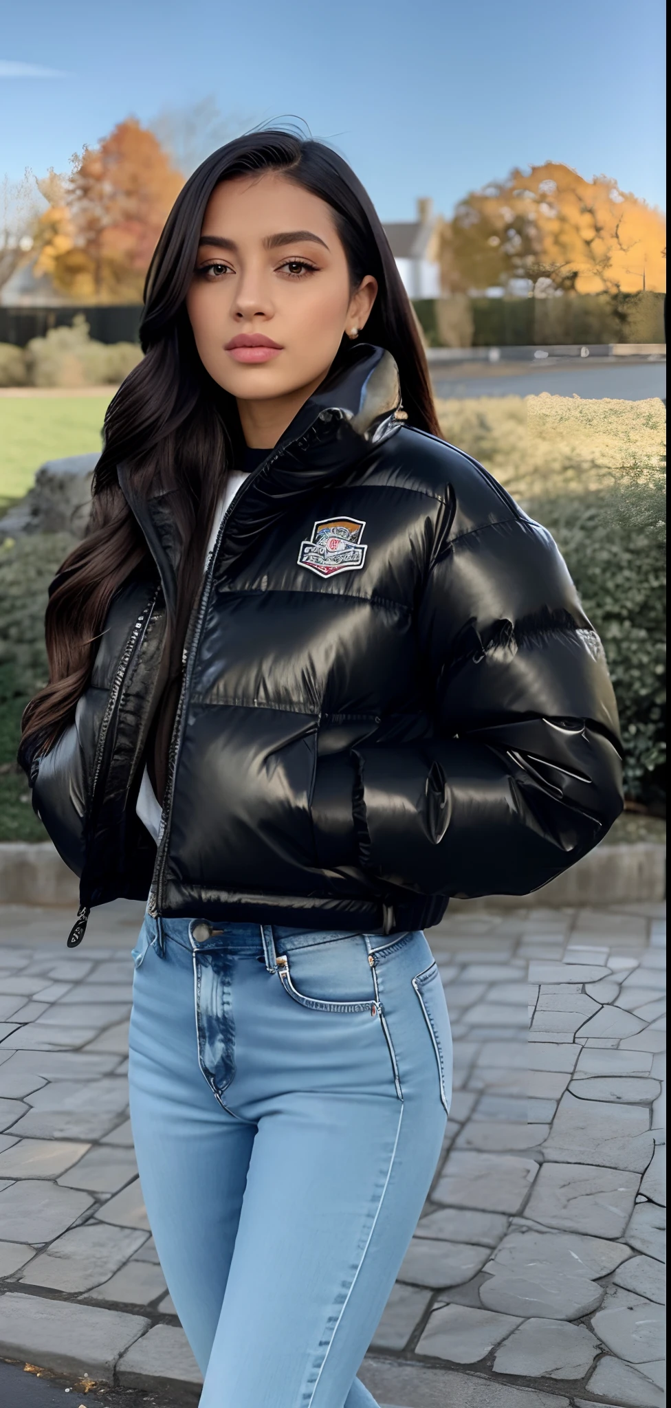 Woman in black jacket and jeans standing on a brick walkway, frio como gelo! 🧊, Black jacket | reluzente, trending on r/streetwear, ela usa uma jaqueta, modelo usa jaqueta puffer, jaqueta puffer reflexiva, future inflatable jacket, jaqueta puffer, she is wearing streetwear, INSPO, Black jacket, jaqueta curta