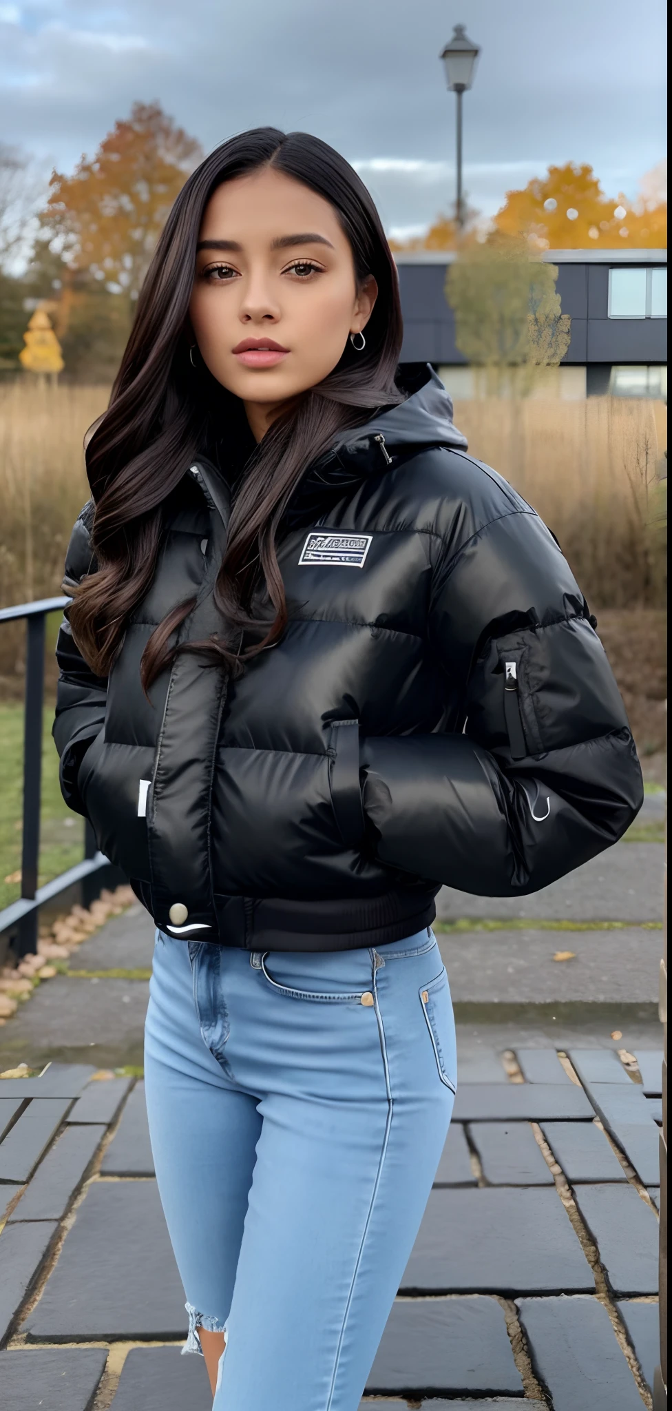 Woman in black jacket and jeans standing on a brick walkway, frio como gelo! 🧊, Black jacket | reluzente, trending on r/streetwear, ela usa uma jaqueta, modelo usa jaqueta puffer, jaqueta puffer reflexiva, future inflatable jacket, jaqueta puffer, she is wearing streetwear, INSPO, Black jacket, jaqueta curta
