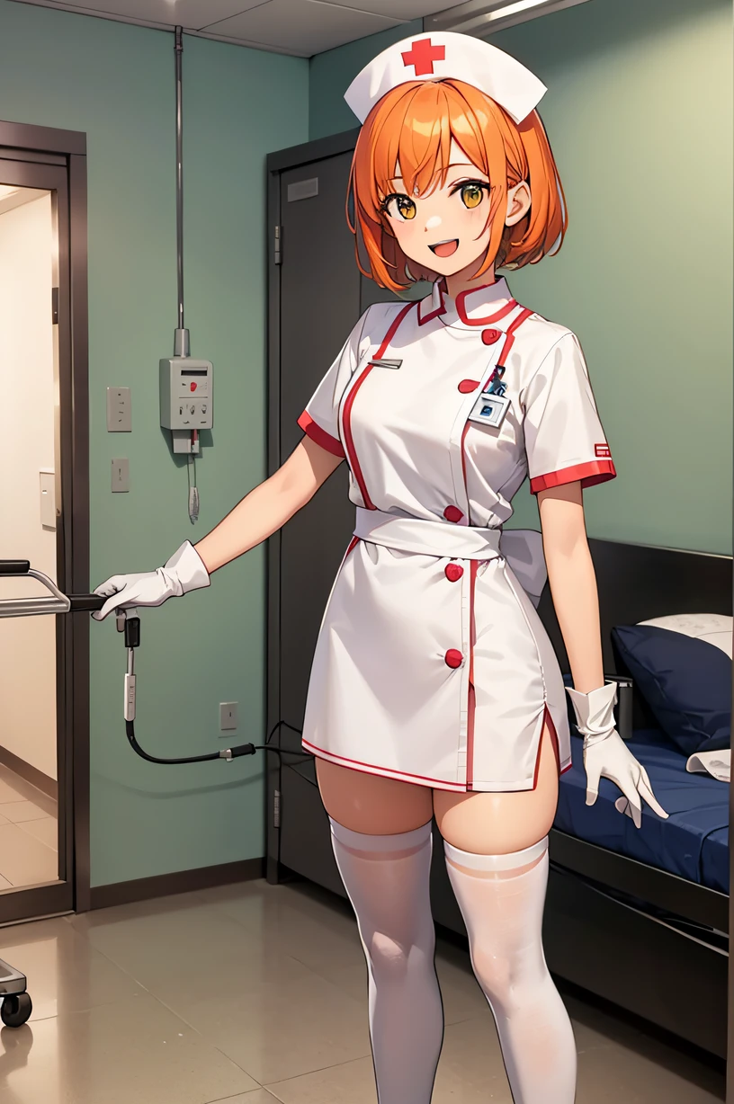 1girl, solo, nurse, nurse cap, white wear, ((white legwear, zettai ryouiki)), white gloves, very short hair, orange hair, smile, open mouth, standing, ((hospital room)), sharp outline, short sleeves, tomboy, boyish, best quality, masterpiece