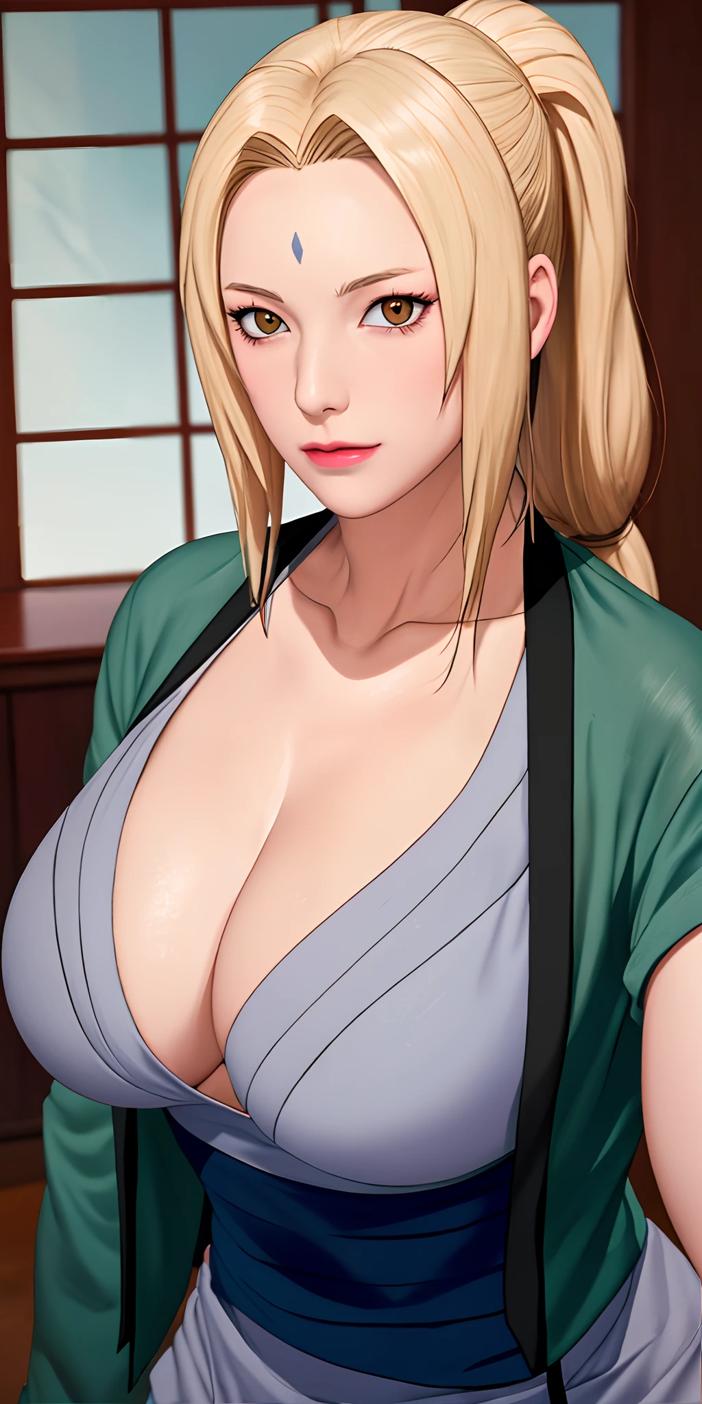 （（（ Tsunade_senju，Young and beautiful，Tall, Beautiful and fair，Perfect facial features，The facial features are tall and beautiful，with fair skin，with a good figure，heroic look，Tsunade, Blonde hair, Large breasts, Mature female, Blue pants, Green coat, chest bandages，forehead mark，looking at viewert））），((Masterpiece)),A high resolution, ((Best quality))，tmasterpiece，top-quality，best qualityer，（（（ Exquisite facial features，looking at viewert, There is light in the eyes））），（（（Light and shadow interlace，huge boob，white skinned，laughingly，self-assured））），（（（a close up of a woman in a blue top posing for a picture, halter neck, beautiful Korean women, halter top, Gorgeous young Korean woman, in a bathing suit, halter top, Open V chest clothes, attractive neck, wearing two - piece swimsuit, Korean girl, 2 4 year old female model, cute girl wearing tank suit, side boobs）））