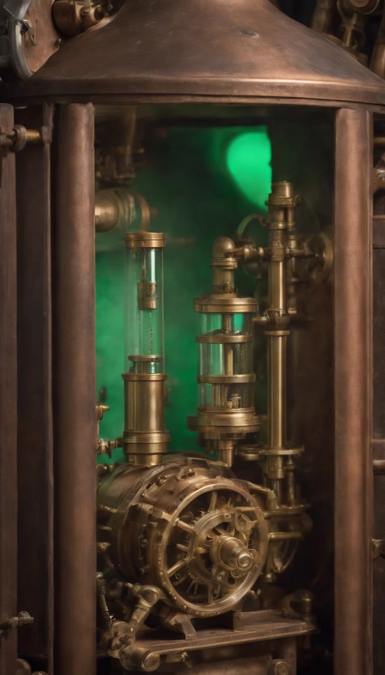 Mobile wallpaper in steampunk style with a door full of copper and brass gears, muitos tubos cobre polido, vapor, Tubes with bright light green liquids, Pressure gauge, 3D, realista, 4k