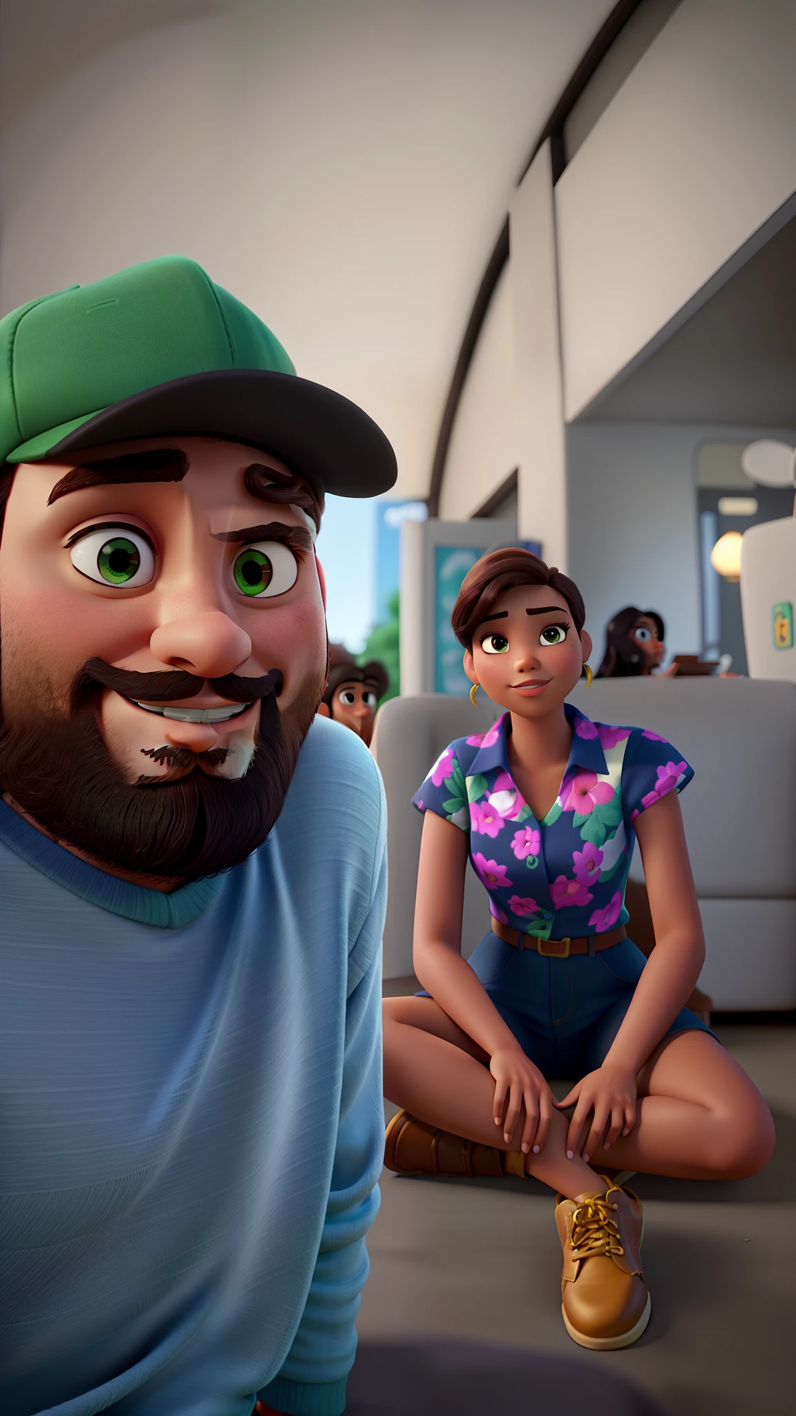 Casal estilo disney pixar melhor qualidade alta qualidade. Brunette man cap beard and black woman brown eyes long straight hair sitting on green grass