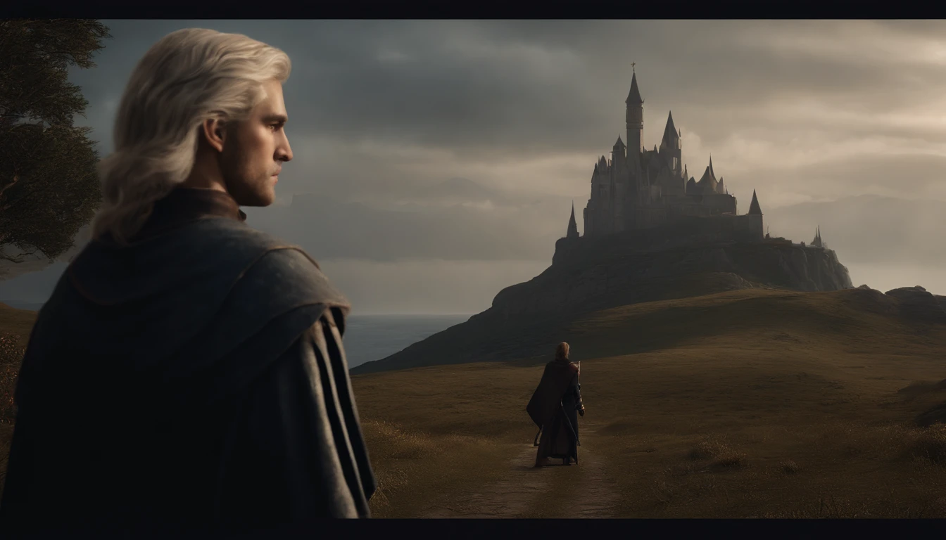 A handsome young male character with medium silver hair looking at the kingdom with a serene expression, roupas medievais, olhos azuis, ele tem uma espada, He stands next to a young girl with blond hair and violet eyes, She's also a warrior, Dark setting, ultra-realistic, Estilo de desenho Guweiz, Landscape, 8k, inverno, Dramatic Particles, melhor qualidade,4k,8k,alto,master part:1.2,ultra-detalhado,Realistic:1.37.