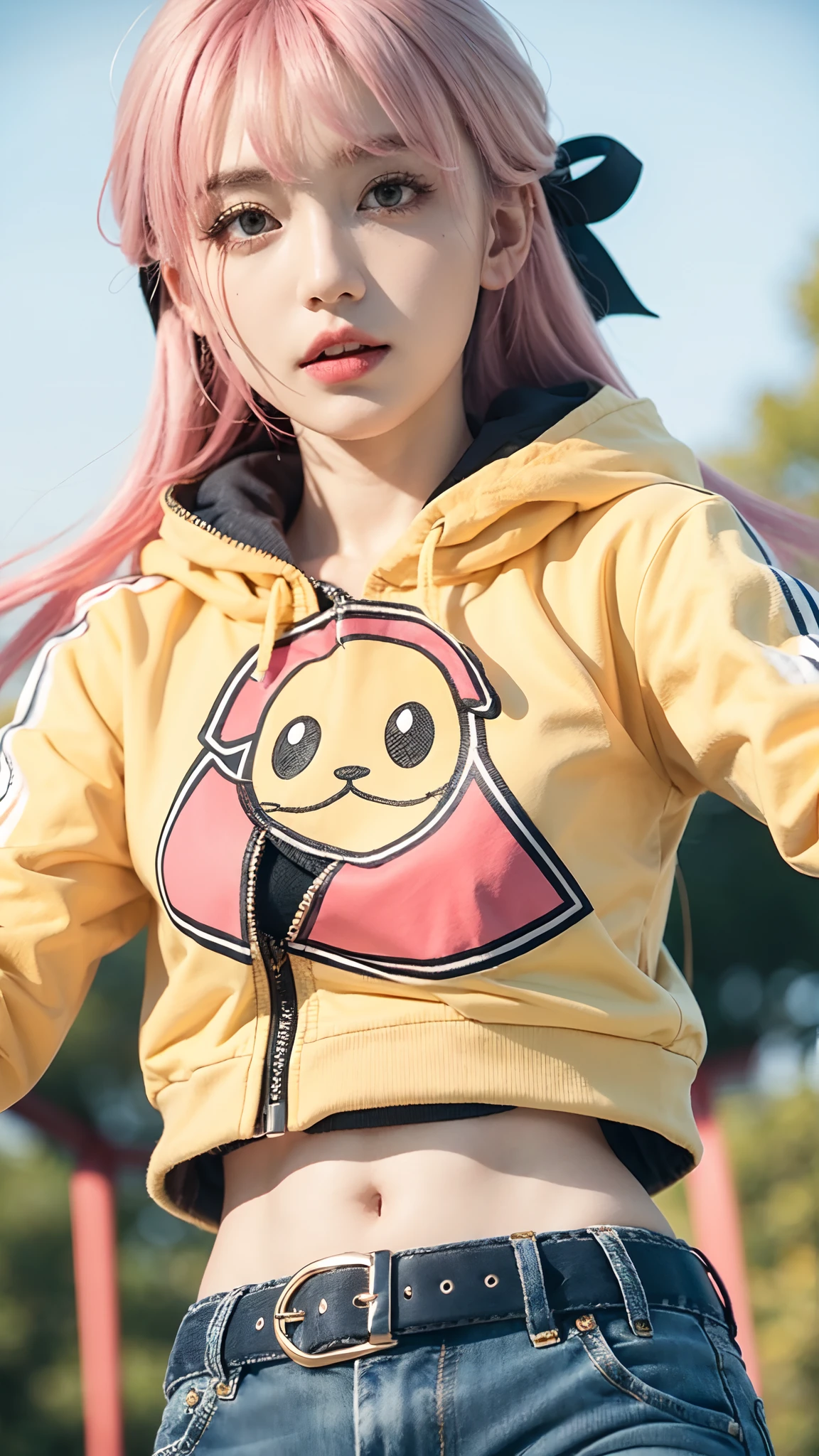 (masterpiece:1.2), (pale skin:1.2), (solo:1.2), (female:1.1), (emphasis lines:1.3), pink hair, running, orange eyes, yellow jacket, blue jeans, long hair, blue hair ribbon, belt, midriff