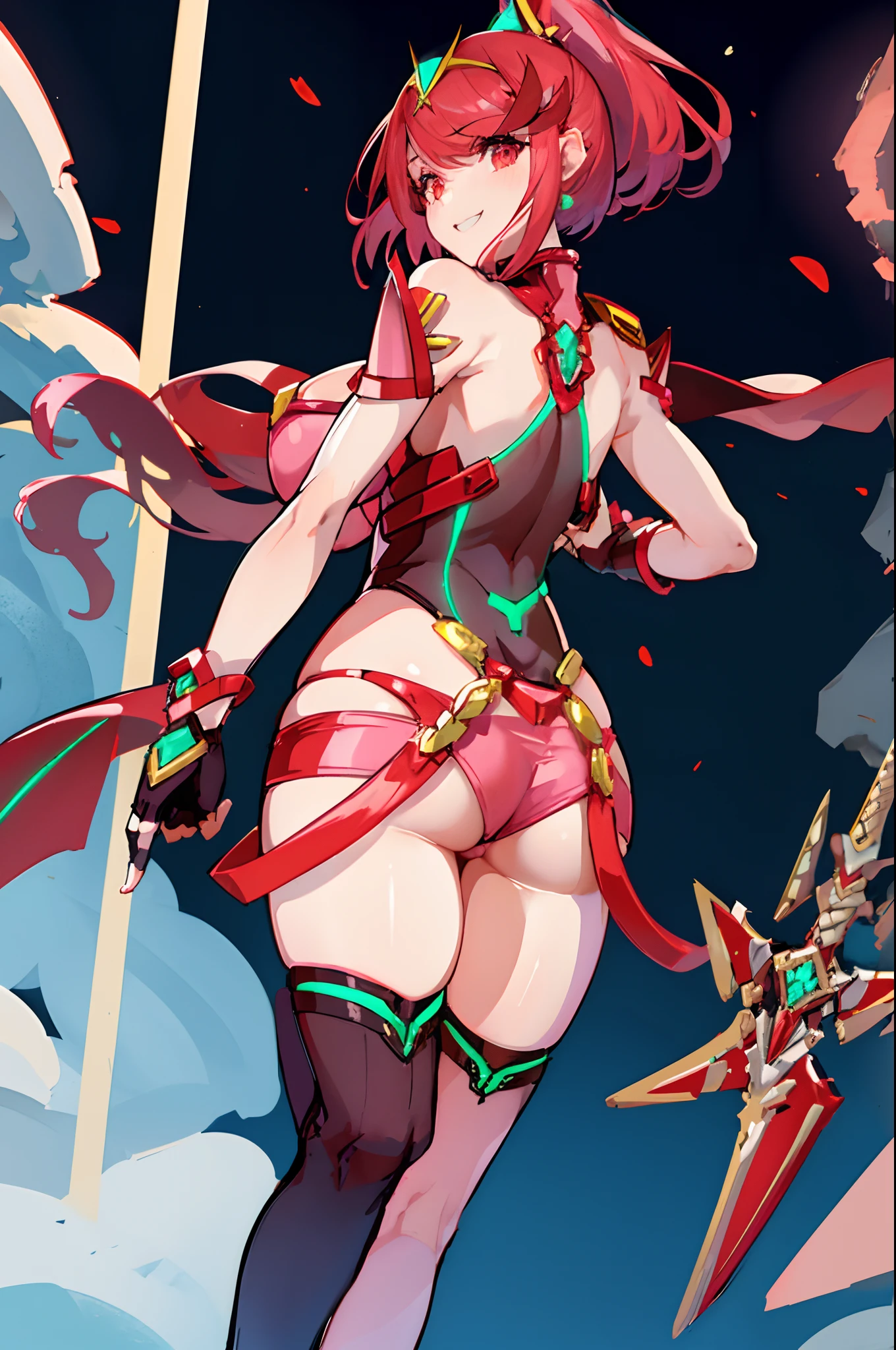 pyra \(xenoblade\), _1girl, lolings, black gloves, breasts, red eyes, shout, earrings, eyelashes, fingerless gloves, floating hair, , gem, gloves, hair ornament, headpiece, jewelry, gigantic_breasts, leaning back, swimsuit, neon trim, official art, pose, red hair, saitou masatsugu, short hair, sidelocks, skin tight, solo, swept bangs, thighhighs, tiara, fantasy_town_background, underbust, xenoblade chronicles \(series\), (xenoblade chronicles 2), (spread_legs:1.1), fire_effect,dynamic_pose,fighting,light_smile, (plump:1.1), big_ass,huge_sword, hold_large_sword_hilt, covered_nipples, covered_pussy, fists,ponytail,beautiful_fingers,(solo:1.1), bare_shoulder,(shoulder_naked:1.2), nipple_jewel,back, back_view, focus_ass,ass, (very_short＿shorts:1.3),(lise_leg:1.4)