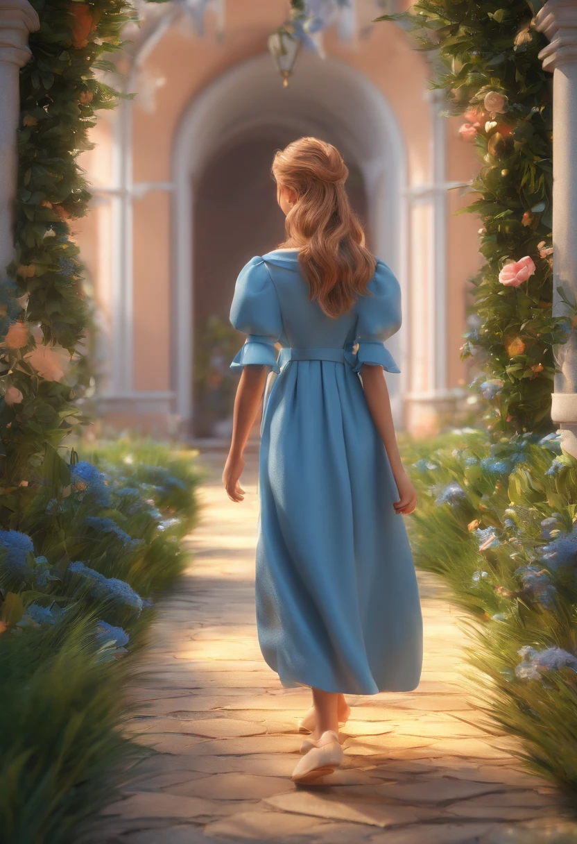 Menina andando sobre um jardim com um vestido azul deslumbrante