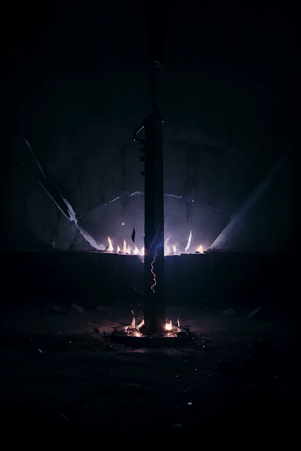 Legendary demon sword standing in the middle, it has a lot of dark energy of death around and black fire. It is located in the dark chamber that is bright due to torches around