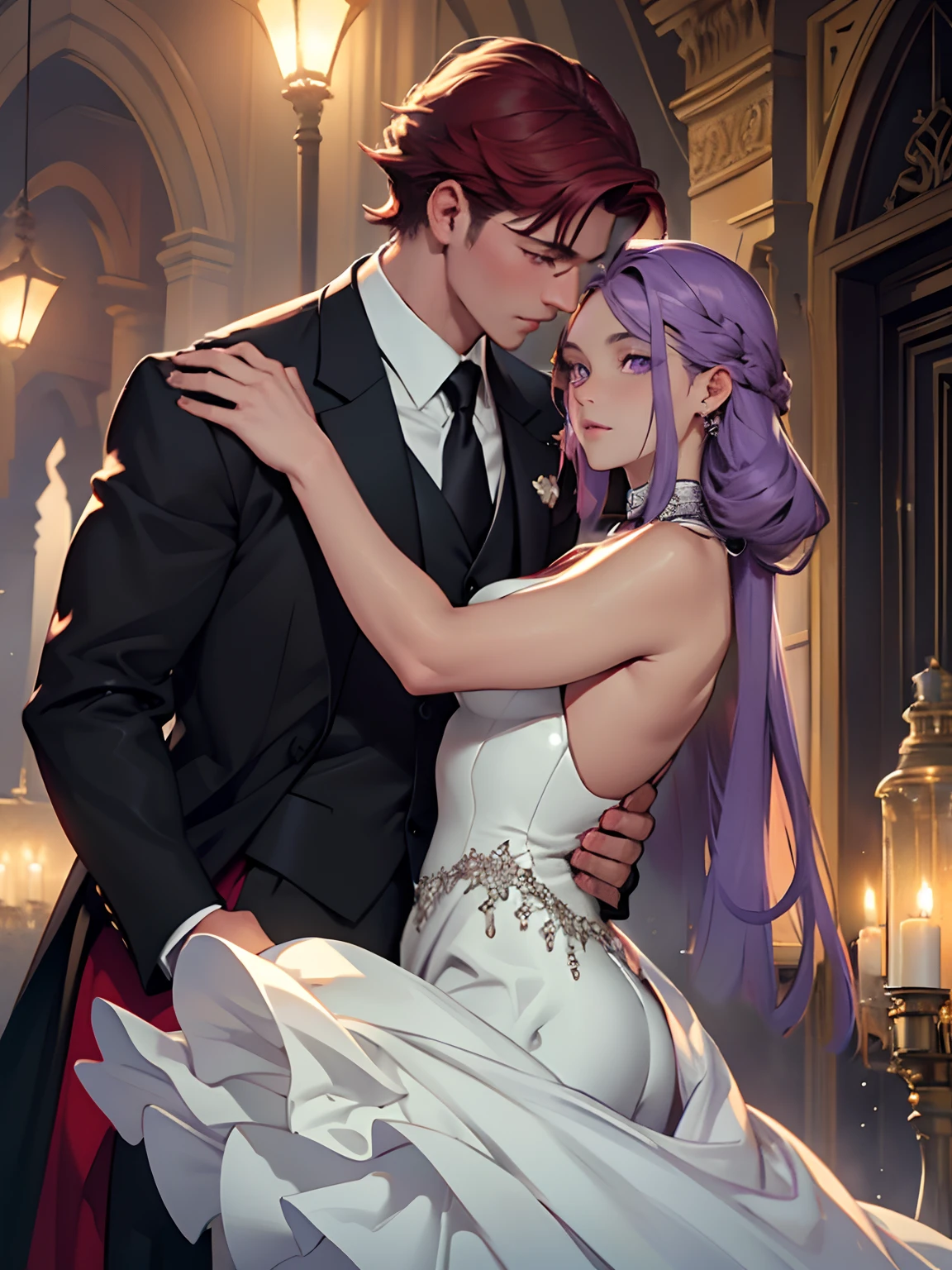long purple hair. graceful facial features. violet eyes. handsome girl. delicate facial features