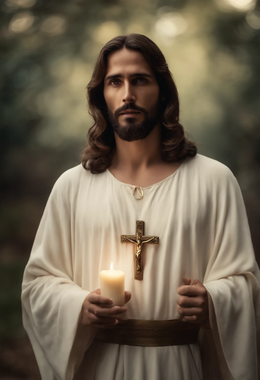 Jesus dressed in white holding a crucifix