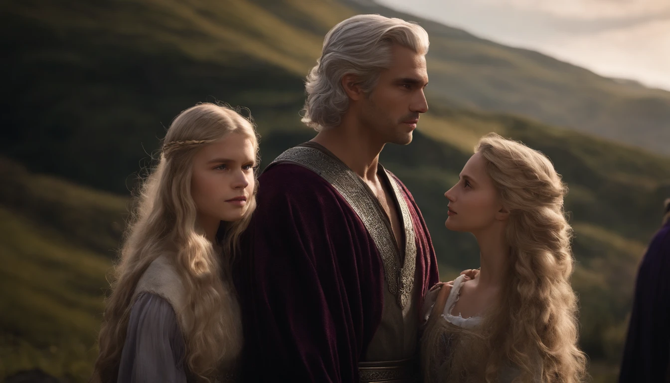 A handsome young male character with medium silver hair looking at the kingdom with a serene expression, roupas medievais, olhos azuis, ele tem uma espada, He stands next to a young girl with blond hair and violet eyes, She's also a warrior, Dark setting, ultra-realistic, Estilo de desenho Guweiz, Landscape, 8k, inverno, Dramatic Particles, melhor qualidade,4k,8k,alto,master part:1.2,ultra-detalhado,Realistic:1.37. Wallpaper. fiery particles.