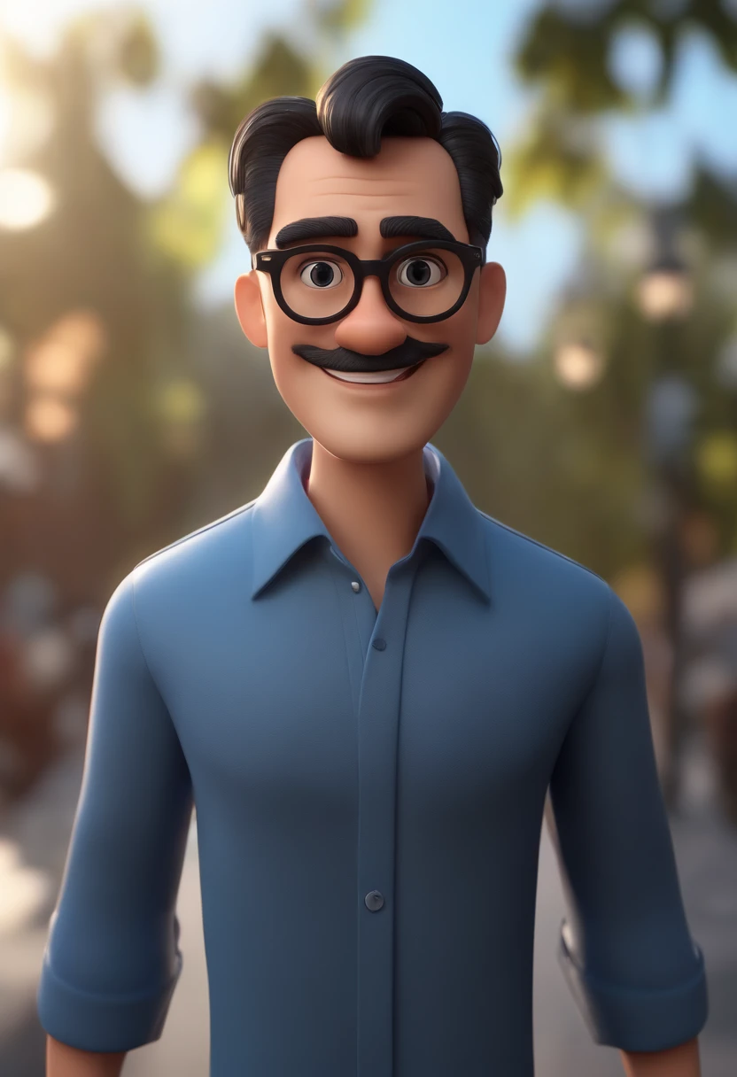 Cartoon character of a man wearing black glasses and a blue shirt, um personagem animado, Caractere estilizado, animation style rendering, 3D estilizado, Arnold Maya render, 3 d render stylized, toon render keyshot, Personagem 3D, Personagem 3D, 3d rendering stylized, 3 d character render, personagem de desenho animado, Personagem de close up, Pose de personagem, (Estilo Pixar) (master part:1.2) (Bokeh) (best quality) (pele detalhada) (textura detalhada) (8k) (argila) (Cinematic lighting) (foco nítido,Senta e vaza a parte superior do corpo