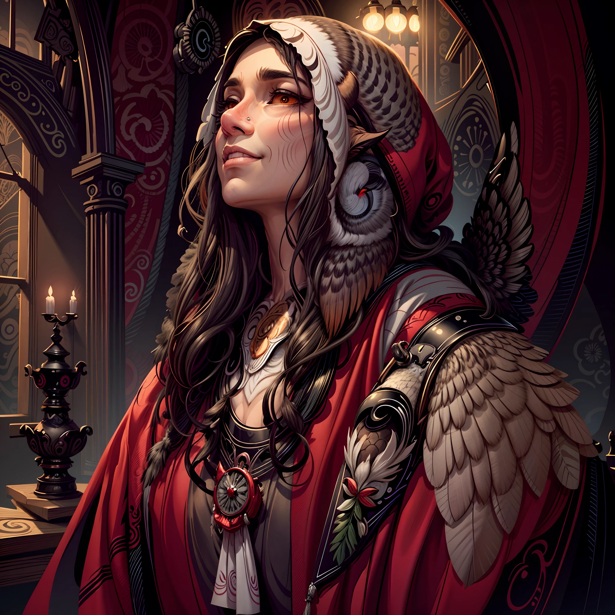 Owl in the style of 0MIB, illustrator, tmasterpiece, hiquality, 8K, hight resolution, higly detailed, ssmile
