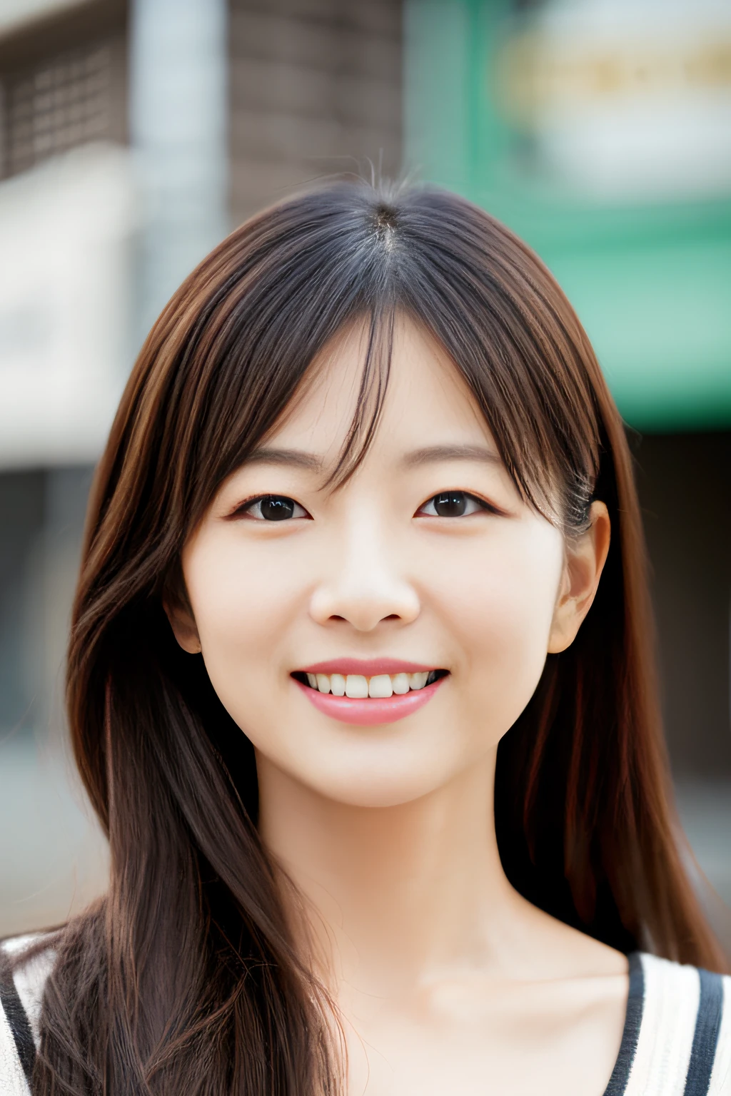 portlate、in 8K、hightquality、Realistic photo images、45 yers old、A Japanese Lady、Neat and clean wife、small tits、house wife、Reproduce natural and realistic eyes、Japan Person Stand、Beautiful black hair、Long hair、light make-up、octan render、beautiful lighting、Composition of the golden ratio、Smiling face、dressed casually、Urban background、blured background、high-level image quality、Realistic photo images、A Japanese Lady、Pure Japan human features、Lovely wife、The upper part of the body、Suppin、Neat and clean beauty、A MILF、Sober clothing、greys、Beige、bloo、A slight smil