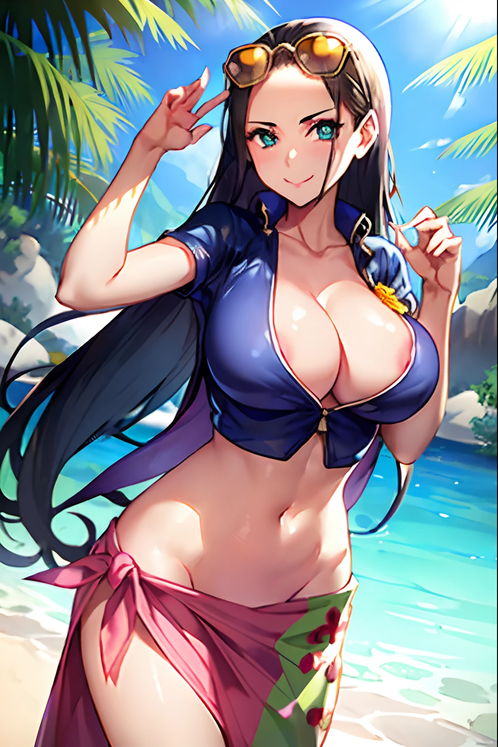 Nico Robin、wanostyle、1girl、aqua eyes、A dark-haired、Burst breasts、cleavage of the breast、a closed mouth、collared jacket、cowboy  shot、croptop、cropped jackets、Eyewear on the head、Hair smooth back、Raise your hands、High collar、jaket、large full breasts、length hair、looking at the viewers、Midriff、a navel、plunging neckline、the pose、sarong、shortsleeves、a smile、独奏、is standing、stomach、Lunette de soleil、Very long hair、Drawing flowers on the jacket、 plein air, Mare, ((​masterpiece))