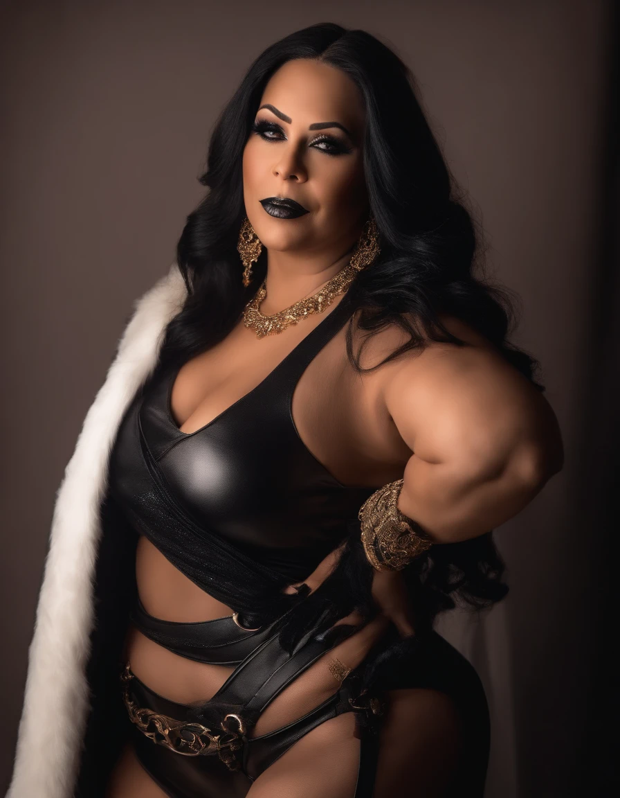 Dominatrix acima de 40 anos,mulher com 60 anos, BBW, rugas, pose for selfie not Instagram, Tattooed with heavy makeup of long black and black hair looking at camera, foto detalhada, lifelike lighting, Pele real de alta qualidade: 1.4, Improved cinematic lighting: 0.9,hiper-realista: 1.4, (soft-lighting: 1.05) figura movimentada，Homem-Imponente, rugas, intimidando a mulher, pose dominante sexy, domination, There are slave-owning rulers, amante, BDSM