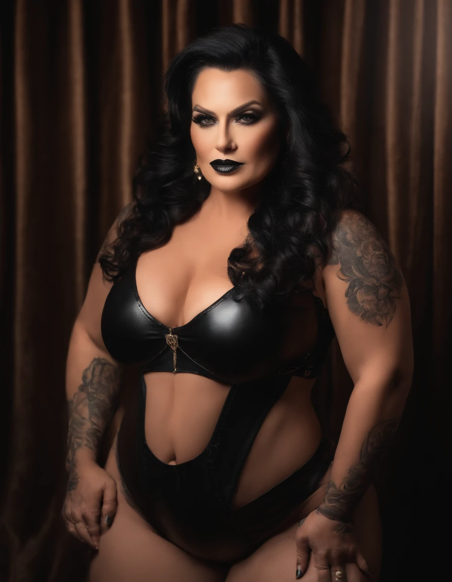 Dominatrix acima de 40 anos,mulher com 60 anos, BBW, rugas, pose for selfie not Instagram, Tattooed with heavy makeup of long black and black hair looking at camera, foto detalhada, lifelike lighting, Pele real de alta qualidade: 1.4, Improved cinematic lighting: 0.9,hiper-realista: 1.4, (soft-lighting: 1.05) figura movimentada，Homem-Imponente, rugas, intimidando a mulher, pose dominante sexy, domination, There are slave-owning rulers, amante, BDSM