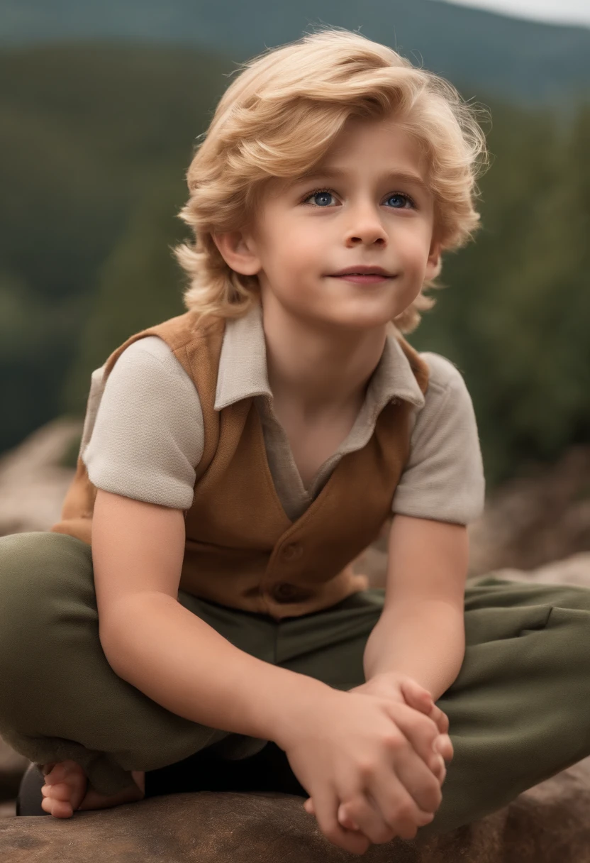 Image of a blond boy for a story in a YouTube video in Pixar format, He's the little allabester, He's the class leader, He's outgoing, Playful and gets up for a lot of things, cabelo bem curto e liso. No fundonuma paisagem do universo de Harry Potter.