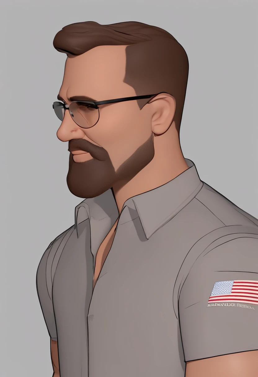 Cartoon character of a man with sunglasses and a gray shirt, with glasses and goatee, looking to the side off camera, profile view, looking away from camera, vacation photo, Simon Hollosy, Looking away from the camera, Foto de perfil, perspectiva do perfil, selfie shot straight on angle, retrato de perfil, rosto perfeitamente sombreado, Close-up view of the animation character, Caractere estilizado, animation style rendering, 3D estilizado, Arnold Maya render, 3 d render stylized, toon render keyshot, Personagem 3D, Personagem 3D, 3d rendering stylized, 3 d character render, personagem de desenho animado, Personagem de close up, Pose de personagem, (Estilo Pixar) (master part:1.2) (Bokeh) (best quality) (pele detalhada) (textura detalhada) (8k) (argila) (Cinematic lighting) (foco nítido)