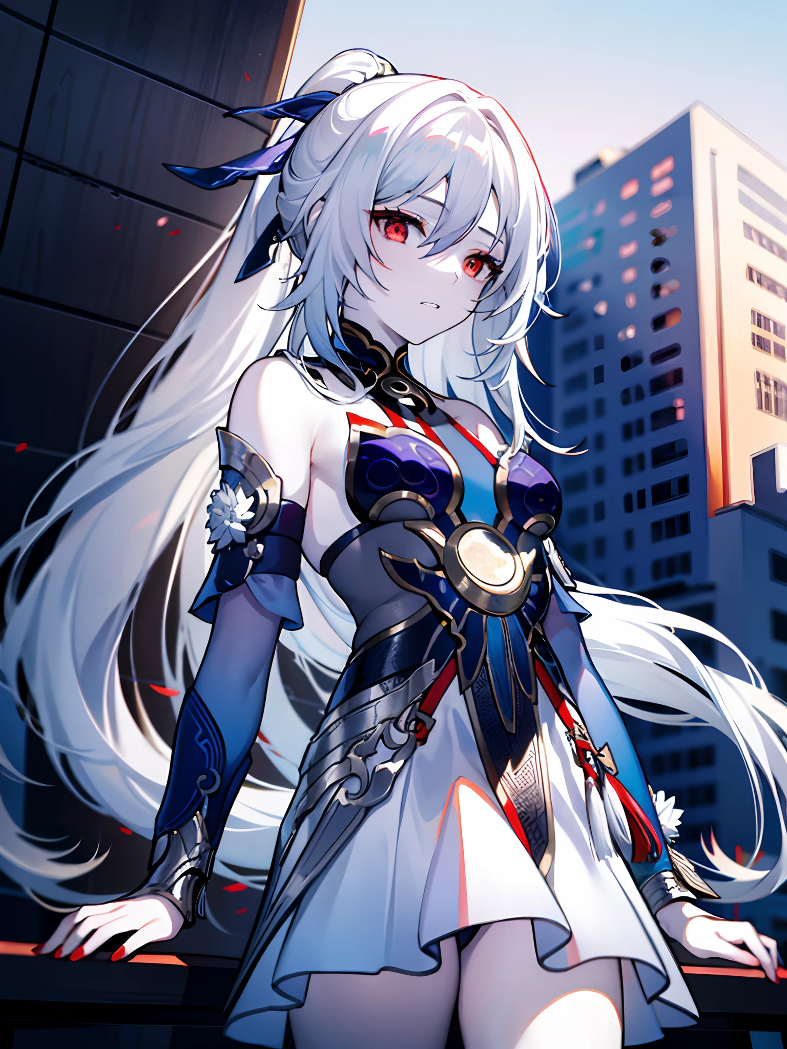 (masterpiece:1.2), (pale skin:1.2), (solo:1.2), (female:1.1), (emphasis lines:1.3), ponytail, white hair, long hair, skirt, bare shoulders, red eyes, outdoors