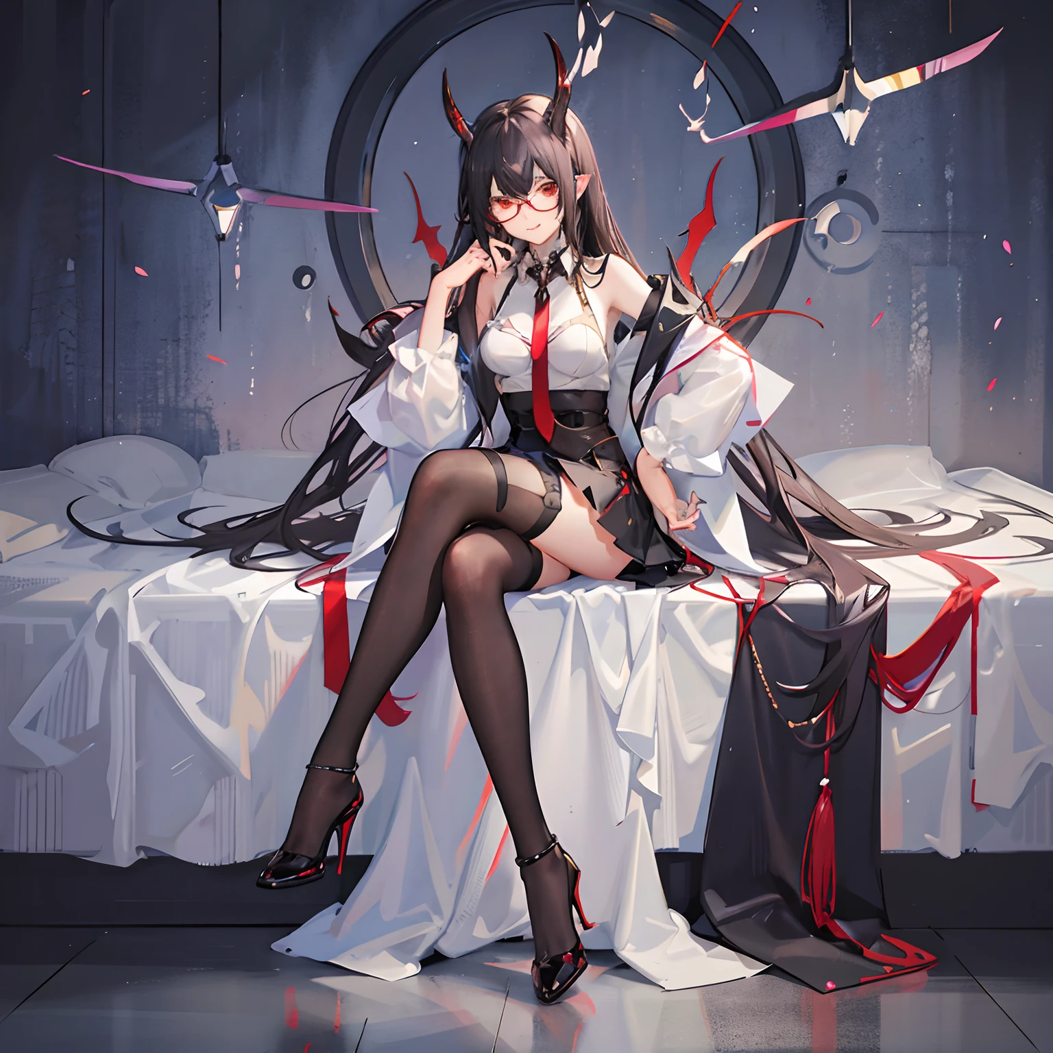 (masterpiece, highest quality), (Detailed Hair), Very detailed, Anime Style, whole body, alone, Concept Art, Science Fantasy Combat Girl, Neck-length black and yellow hair, Golden Eyes, His right hand has been modified into a deadly cybernetic claw.. Cyber Kimono, Torn red scarf, Cyber Horned, Wearing tabi socks, White Background, whole body, Standing in the wasteland,