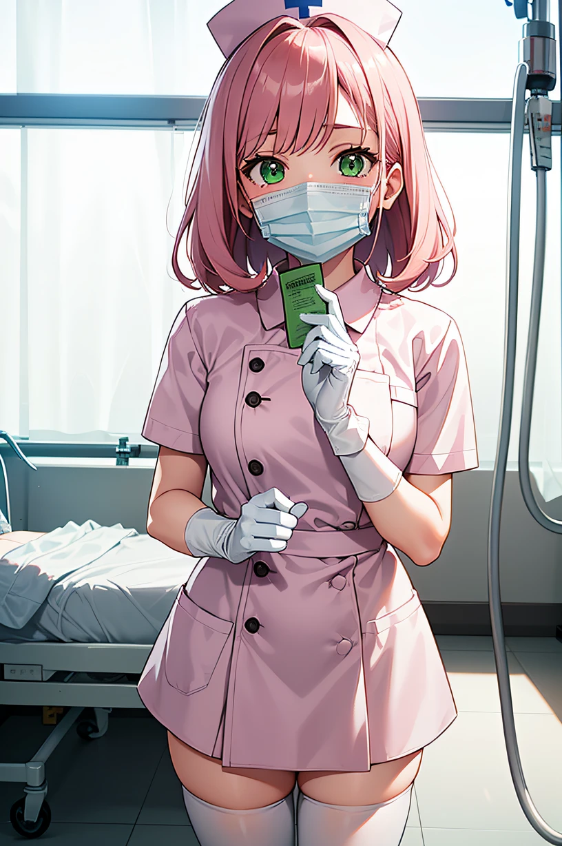 1girl, solo, nurse, nurse cap, white wear, ((white legwear, zettai ryouiki)), white gloves, pink hair, green eyes, drooping eyes, ((white surgical mask, covered nose)), standing, ((hospital room)), sharp outline, short sleeves, best quality, masterpiece