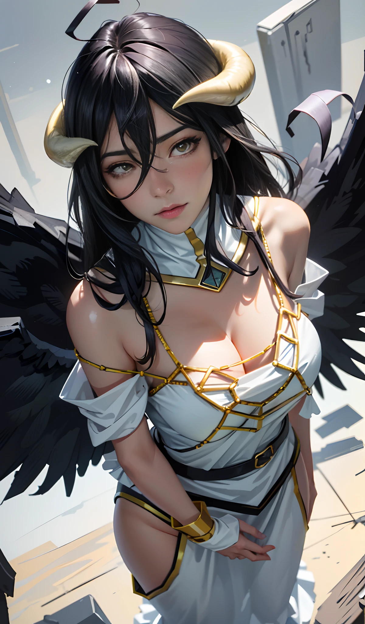 Masterpiece, Best quality, Ultra-detailed, illustration, epic lighting, Cinematic composition, isometry,(hexagons:1.2), 1girll, Horns, Solo, Yellow eyes, Black hair, Long hair, (Low wing:1.2), Large cleavage, Bare shoulders, hair between eye, Medium breasts, (White dress:1.1), Golden decoration, Detached collar, view the viewer, Semi-closed Eyes, (view the viewer:1.1), parted lip, Blush, Black feathers fall, Arena, particle fx, (8K:1.1)