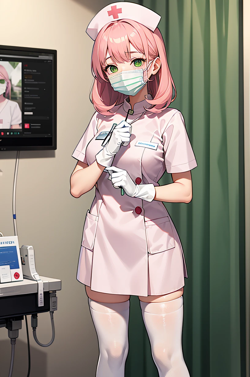 1 girl, alone, nurse, nurse cap, Whiteware, ((white legwear, zettai ryouiki)), white gloves, pink hair, green eyes, droopy eyes, ((White surgical mask, Covered nose)), Are standing, ((hospital room)), sharp outline, short sleeve, highest quality, masterpiece