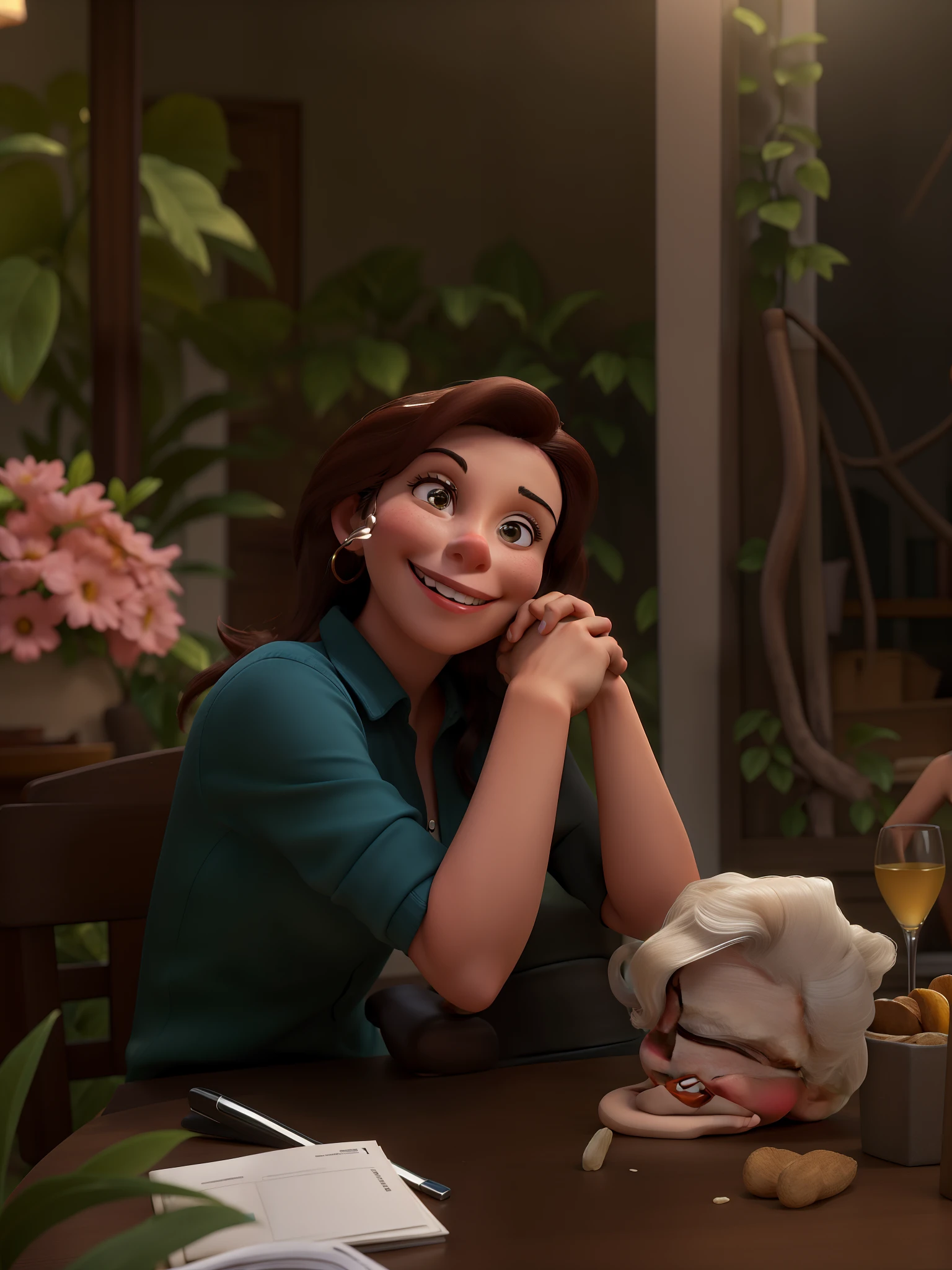 Mulher sorrindo, cabelos escuros, Sitting in front of a table with her hands clasped in front of her face