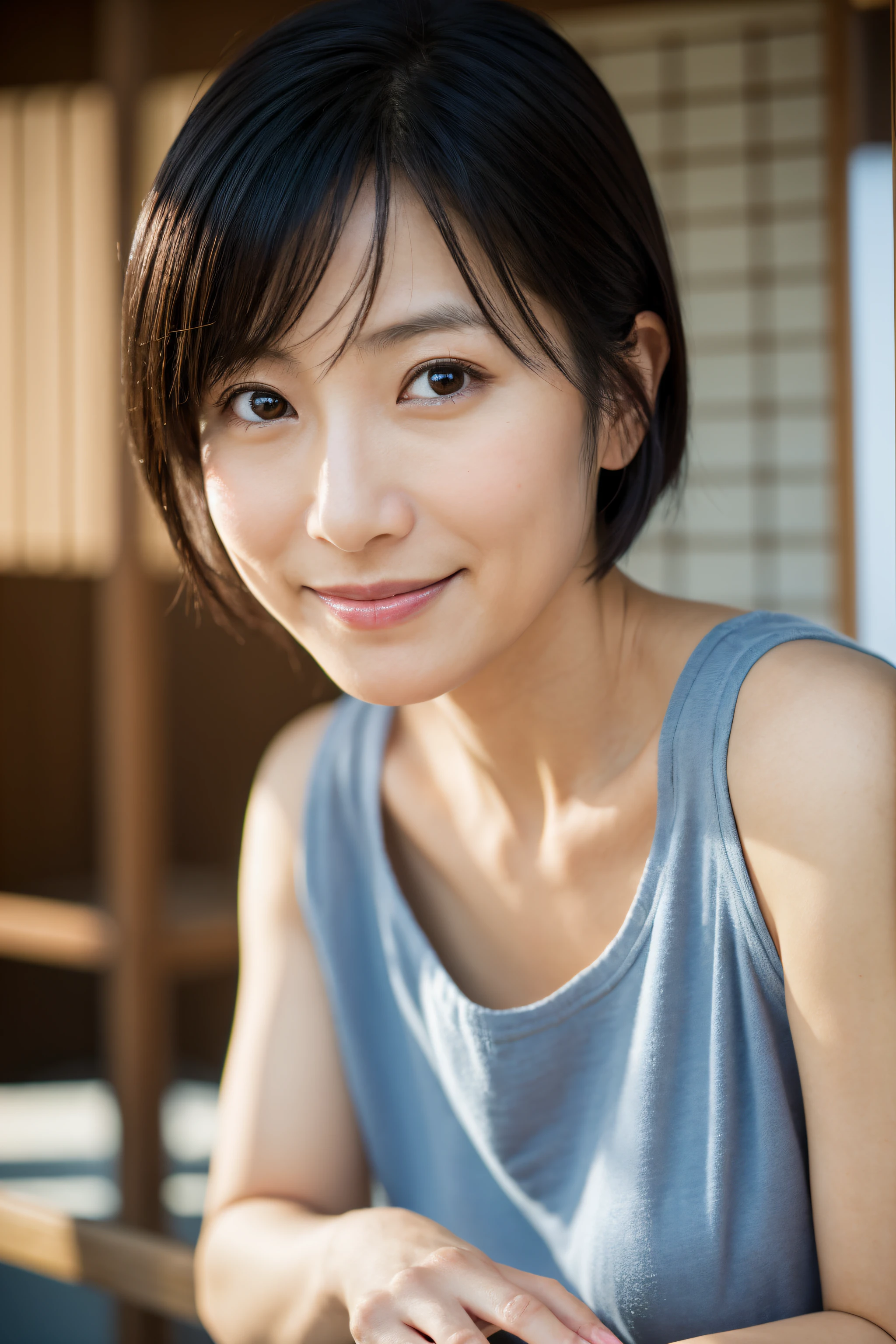 portrait, 8K, high quality, realistic photo image, 39 years old, Japan woman, neat and clean wife, small, housewife, reproduce natural and realistic eyes, Japan person stand, small, beautiful black hair, short hair, light makeup, octane rendering, beautiful lighting, golden ratio composition, smile, everyday wear, casual clothes, natural background, blurred background, 4k, high quality, realistic photo image, Japan woman, 37 years old, pure Japan face, lovely wife, upper body, small breasts, light makeup, suppin, neat beauty, mature woman, sober clothes, gray, beige, blue, sober, casual attire, smile, black hair, small black eyes, background blur