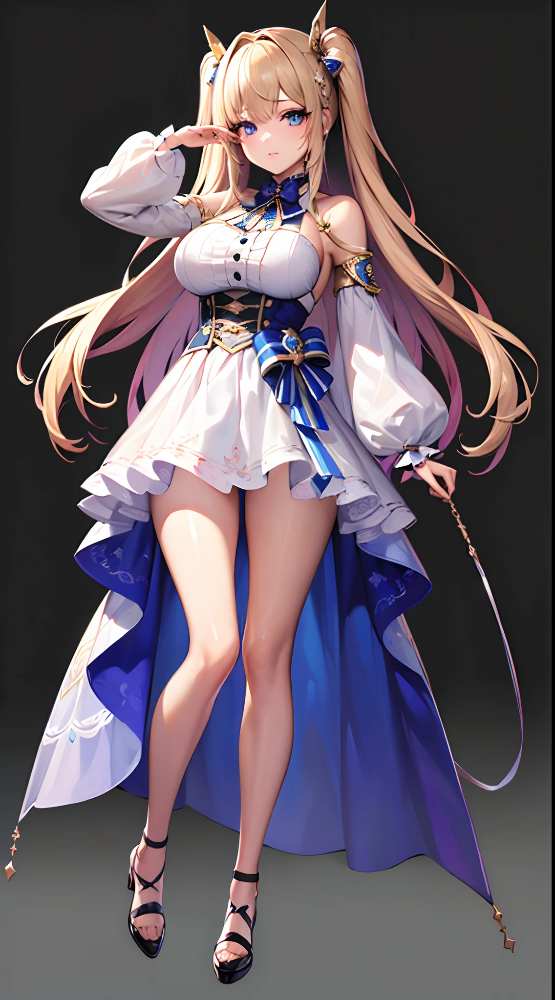 ((Best Quality)), (ultra-detailliert), ((Extremely detailed)), (Beautiful), ((Kawaii Girl)),  ((UHD)), (masterpiece), (high quality), (best quality), (4K), (high quality), 1, solo girl, one girl, (hair long two side up), hair intakes, long hair, parted bangs, platinum blond hair, jade colored eyes, tsurime, large breasts, paint right up to the tip of the head,((transparent background)),(solo),standing,(wearing shoes on feet),((is wearing Idol Costumes)),good girl, beautiful detailed eyes,good looking,((an extremely delicate and beautiful)),make the eyes the same shape and color on both sides, anime style