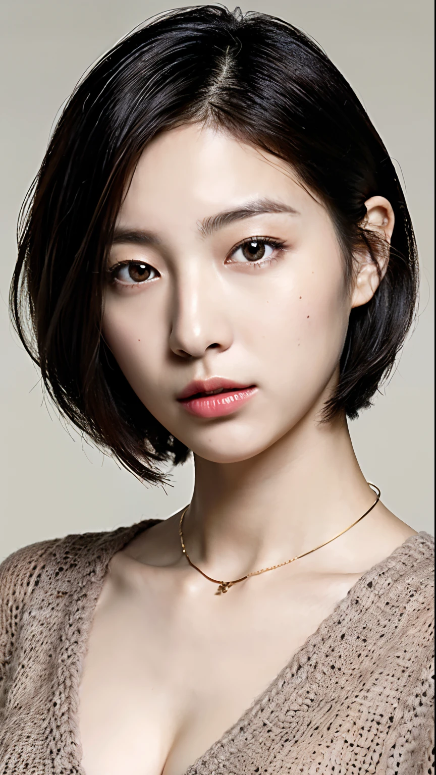 (Best quality, 8k, 32k, Masterpiece, UHD:1.2),Photo of Pretty Japanese woman, large breasts, very short bob hair,upper body,face focus,oversized_sweater, necklace, simple background, from above, looking at viewer,