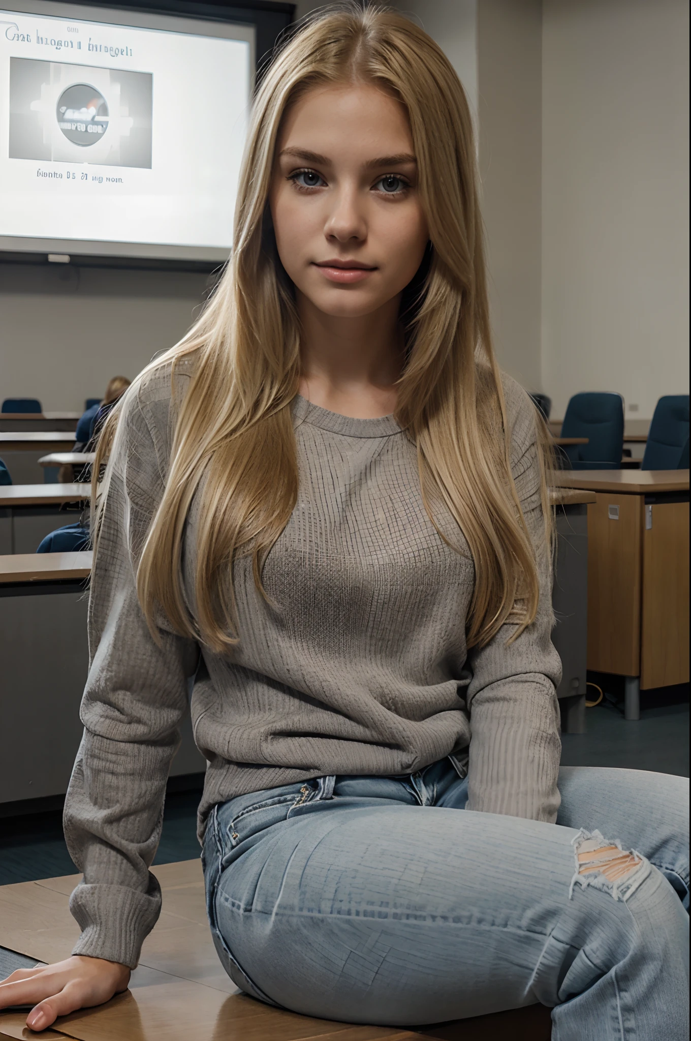 Gorgeous young blond woman with long light blond straight hair and a gray sweater and jeans sitting in the lecture hall of a university