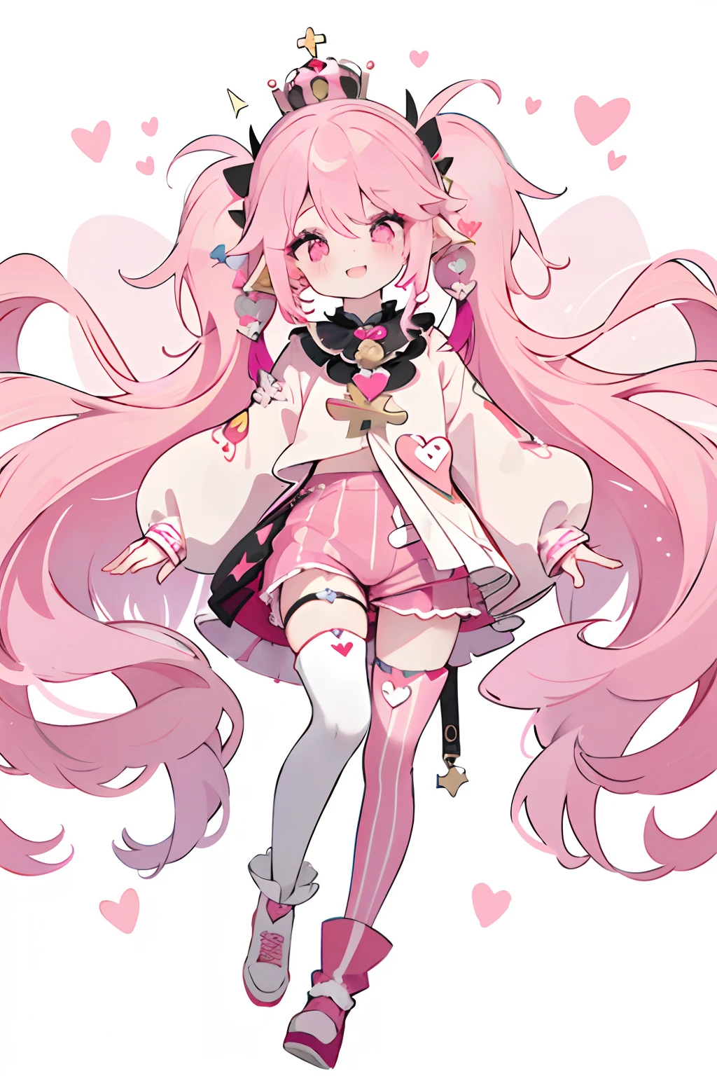 Crazy, girl, long hair, curly hair, pink hair, full body picture, pink eyes, heart shaped pupils, insane smile, blood splatter, 1GIRL, insane girl in long pink hair, crown, princess bubblegum style, finely detailed, (best quality), (intricate details), cute style, loli, jester style, multicolored, ((long pink messiest hair in pigtails)), best quality, ((long sleeve shirt and shorts)), ((red and white clothes)), ((jester style clothes)), ((thigh high socks)), ((round eyes)), ((has jester makeup)), beautiful face, happy, cute face, pinup, perfect face, simple background portrait, clowh hear cards, bubble gums