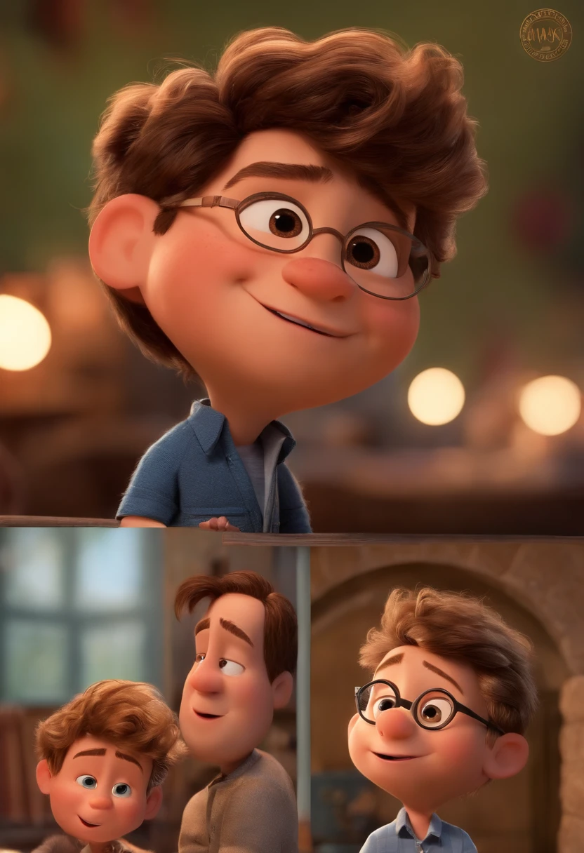Imagem de um menino loiro em um poster de filme estilo Pixar, He's the little allabester, He's the class leader, He's outgoing, Playful and gets up for a lot of things, cabelo bem curto e liso. No fundonuma paisagem do universo de Harry Potter. No titulo do filme o nome Leonardo
