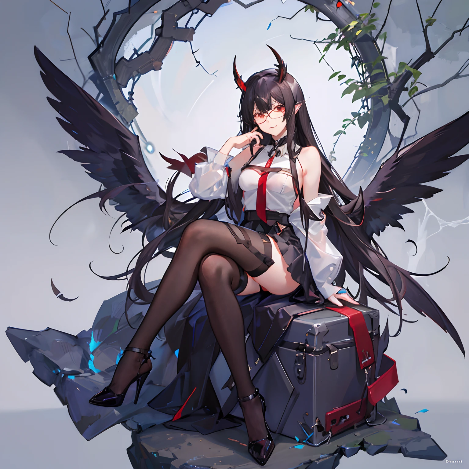 "anime girl, 1 person, black hair, shoulder-length hair, red eyes, glasses, white horns, wearing women's shirt, tie, school clothes, big breasts, tights, high heels, sitting crossed legs, licking lips, small black wings on back,solo,front view, (full HD 4K+ image)"