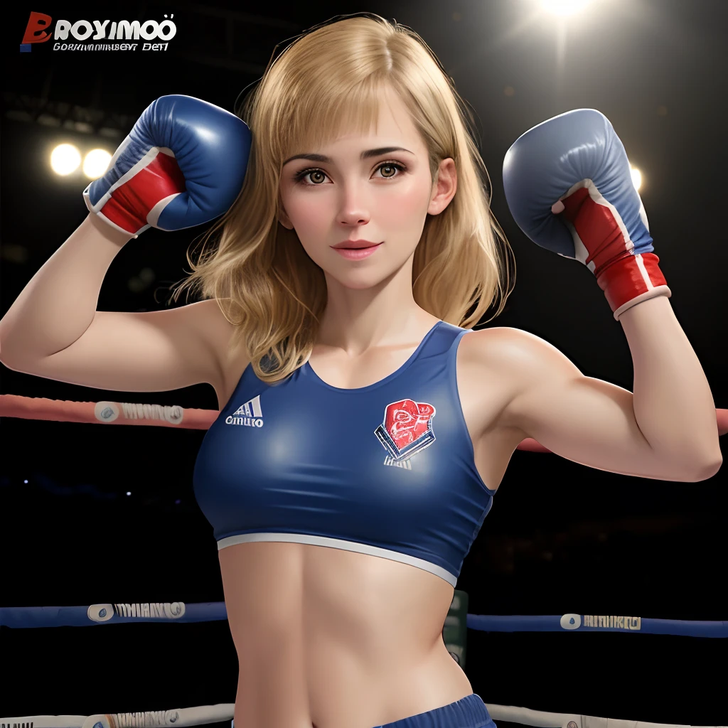 Mujer rubia, alta calidad, sensual, 35 year old, melena despeinada, boxeando, ojos oscuros, posicion de guardia, ropa deportiva, tiny breast, bien formada con detalle, guantes de boxeo puestos, sudando, imagen proporcionada
