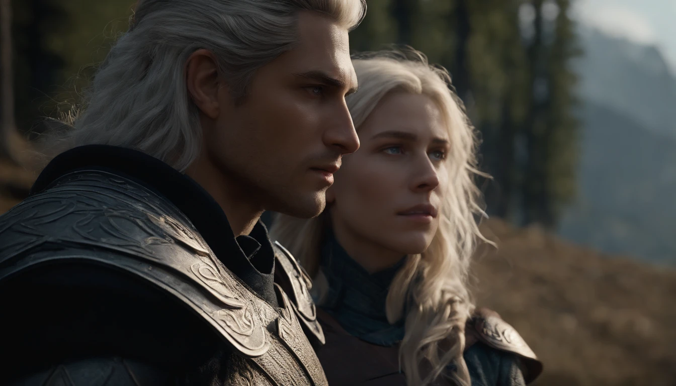 A handsome young male character with medium silver hair looking at the kingdom, ele tem uma espada, He stands next to a young blonde-haired warrior, She's also a warrior, Dark setting, ultra-realistic, Estilo de desenho Guweiz, Landscape, 8k, inverno, Dramatic Particles, melhor qualidade,4k,8k,alto,master part:1.2,ultra-detalhado,Realistic:1.37, fiery particles.