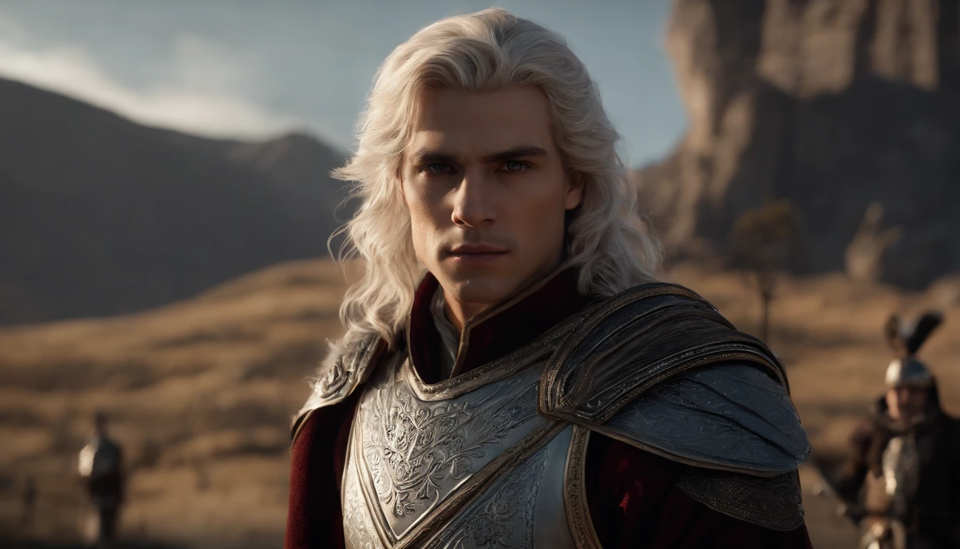 A handsome young male character with medium silver hair looking at the kingdom, ele tem uma espada, He stands next to a young blonde-haired warrior, She's also a warrior, Dark setting, ultra-realistic, Estilo de desenho Guweiz, Landscape, 8k, inverno, Dramatic Particles, melhor qualidade,4k,8k,alto,master part:1.2,ultra-detalhado,Realistic:1.37, fiery particles.