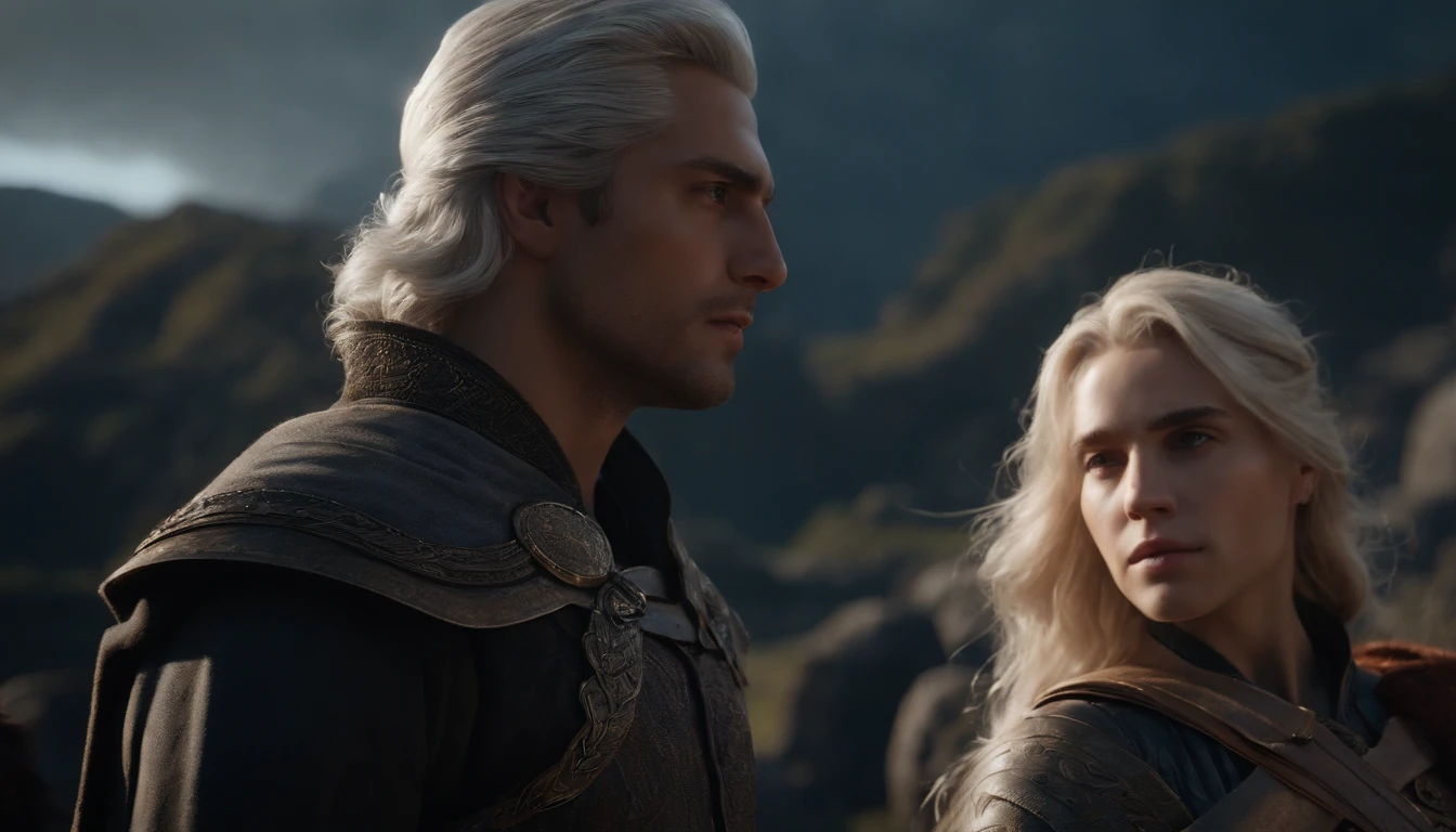 A handsome young male character with medium silver hair looking at the kingdom, ele tem uma espada, He stands next to a young blonde-haired warrior, She's also a warrior, Dark setting, ultra-realistic, Estilo de desenho Guweiz, Landscape, 8k, inverno, Dramatic Particles, melhor qualidade,4k,8k,alto,master part:1.2,ultra-detalhado,Realistic:1.37, fiery particles.