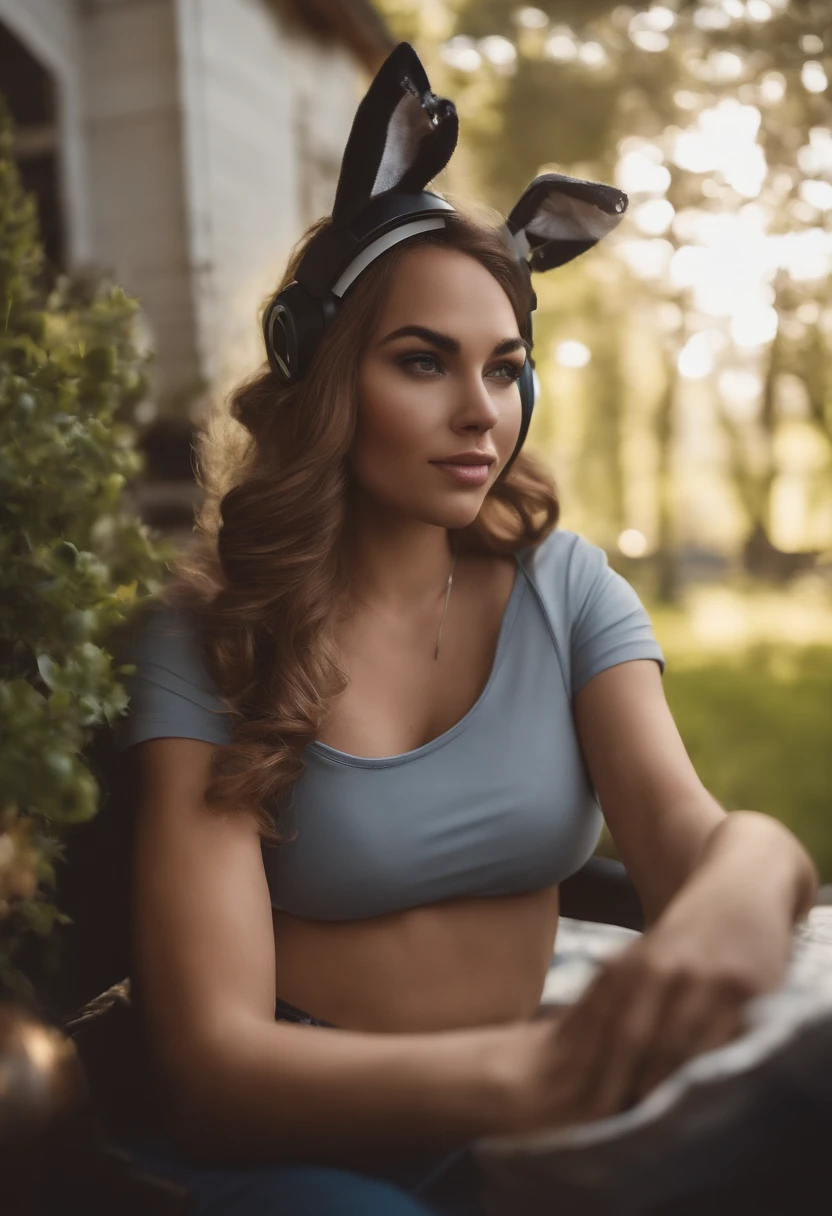 fortnite skin of a brown long haired thicc white girl with cat ears and big breasts and a gaming headset and xbox controller in a blue dress wearing a small crown