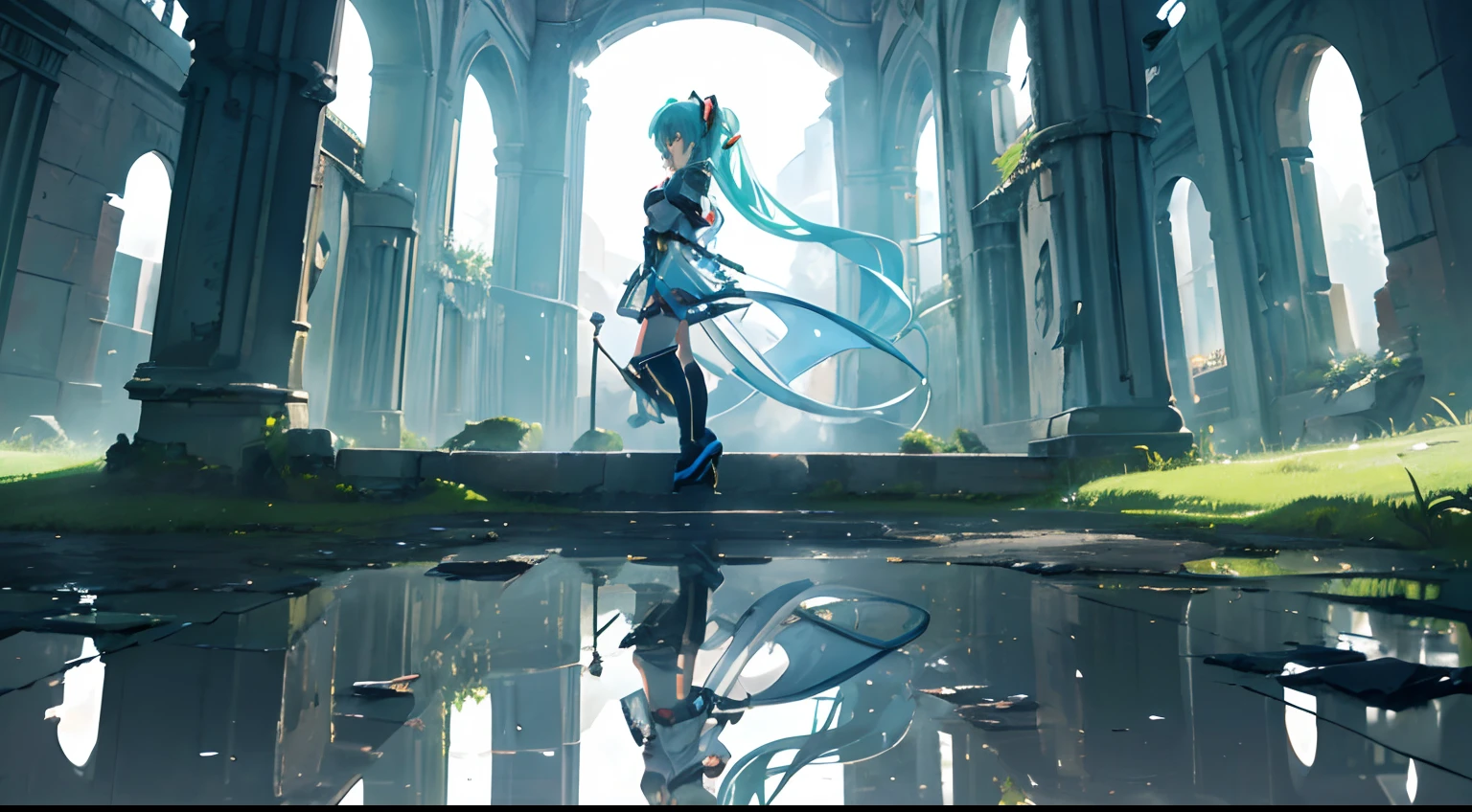 miku hatsune, (Rin々Profile:1.3), Sorcerer Adventurer, Contre-Jour, ancient ruin, specular reflection, (masutepiece), (Best Quality, 8K, High resolution), Ultra-detailed, (Realistic), Vibrant colors.