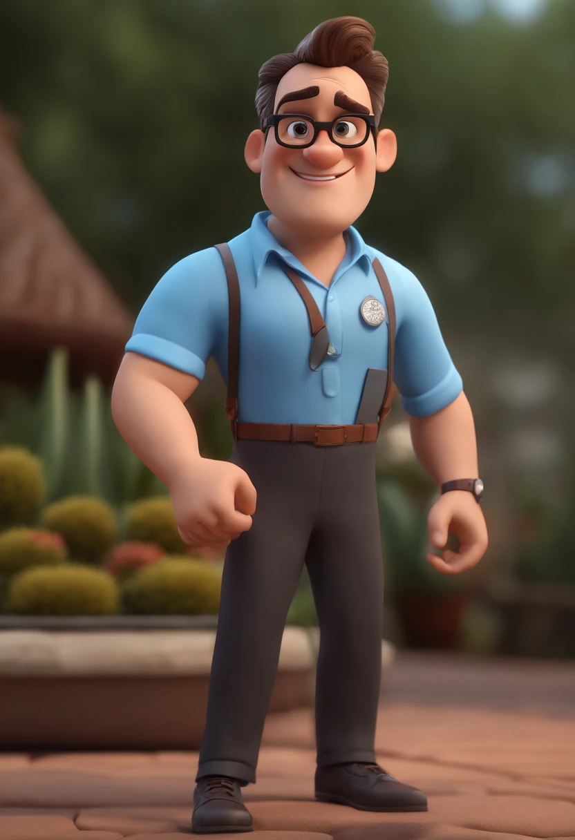 Cartoon character of a man with black glasses and a blue shirt, careca, animation character, Caractere estilizado, animation style rendering, 3D estilizado, Arnold Maya render, 3 d render stylized, toon render keyshot, Personagem 3D, Personagem 3D, 3d rendering stylized, 3 d character render, personagem de desenho animado, Personagem de close up, Pose de personagem, (Estilo Pixar) (master part:1.2) (Bokeh) (best quality) (pele detalhada) (textura detalhada) (8k) (argila) (Cinematic lighting) (foco nítido