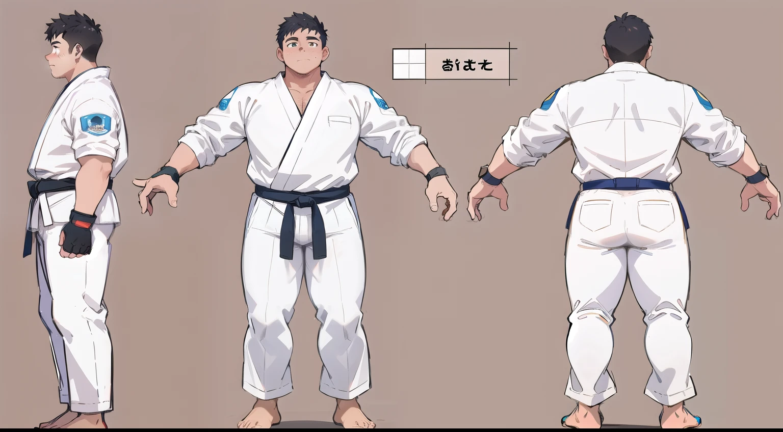 ((1boy_only, same_character, same_outfit)), charturnerv2, character_turnaround, character_sheet, ((3views)), reference_sheet, (chubby:1.2, stocky:1.2), ((white judo gi)), ((dougi)), barefoot, ((long pants)), (bara:1.2), (shota:0.25), buzz_cut, full body shot, ((cool, cute, awesome)), (fingerless gloves), (chubby_face:0.8), (solid_background)