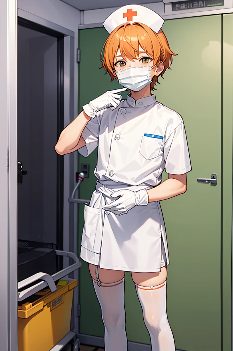 1boy, solo, male focus, nurse, white nurse cap, white nurse uniform, ((white legwear, zettai ryouiki)), white gloves, short hair, orange hair, ((white surgical mask, covered nose)), standing, ((hospital room)), sharp outline, short sleeves, shota, 12 years old, best quality, masterpiece