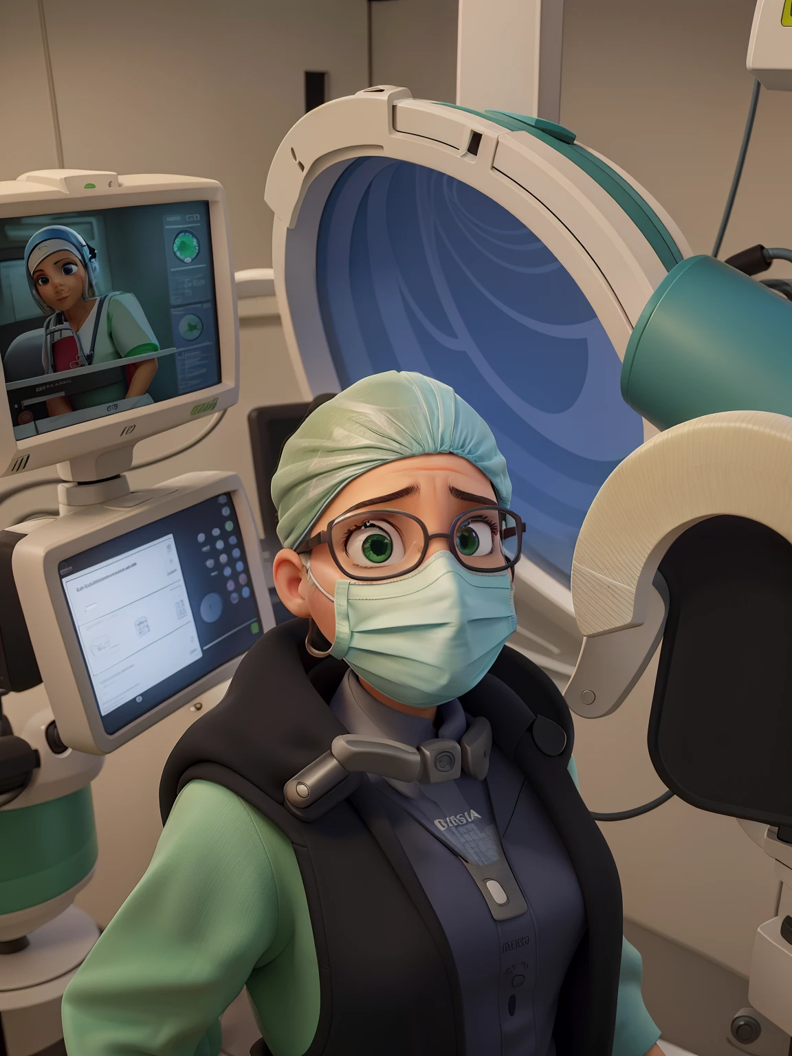 Fotografia de uma mulher bonita, Female doctor in an operating room wearing a radiation protection vest green surgical gown, usando oculos, usando toca cirurgica, usando mascara cirurgica, atras com um aparelho de anestesia, monitor de paramentros como frequencia cardiaca, saturacao de oxigenio, pressao arterialFotografia profissional mestre, olhos castanhos claros, texturas e detalhes extremos, foto de retrato