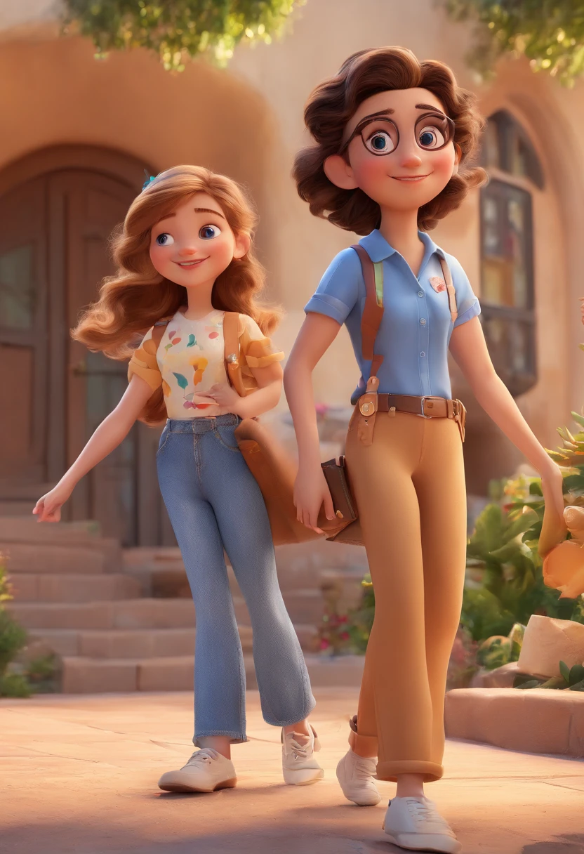Cartoon of friends having fun on vacation together, 3D Animation Movie Poster, Poster de filme animado, pixar 3 d animation style, pixar renderman rendering, maia 8 mil, animated film, Disney Pixar Estilo 3D, amigos felizes saem juntos, all wearing light blue shirts and cream brown long pants, camisa azul clara, cream brown pants, ao ar livre, vacation, Disney Pixar Animation Poster