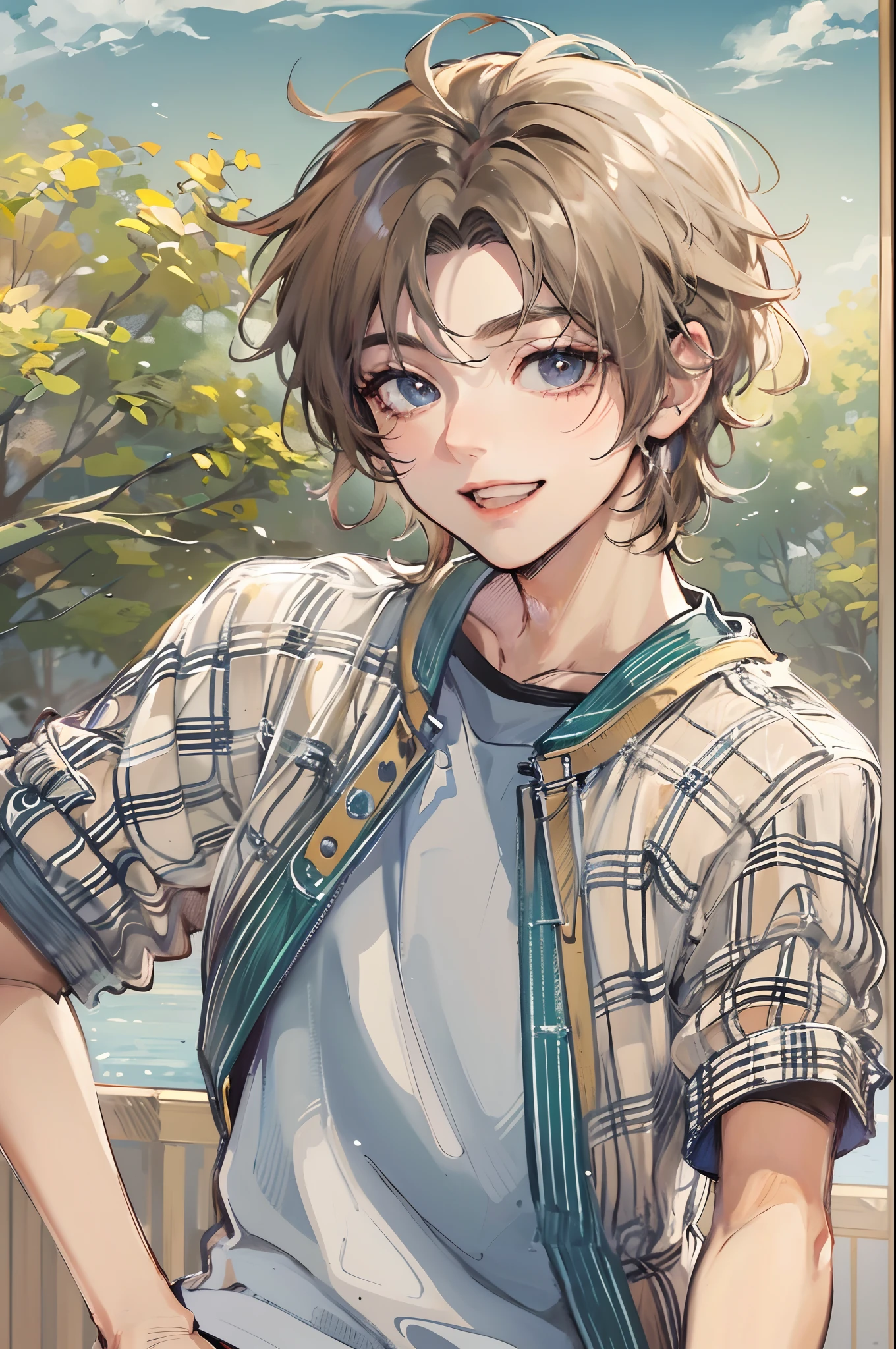 Absurdres masterpiece HDR high quality picture of a character from Hana yori dango anime, 1 boy , character is with detailed face, casual colour of hair based on the anime, happy face, casual clothes , ((casual hair style:1 )) , anime eyes, light skin , 

Wearing casual outfit from anime, detailed outfit, nice background, masterpiece scenery