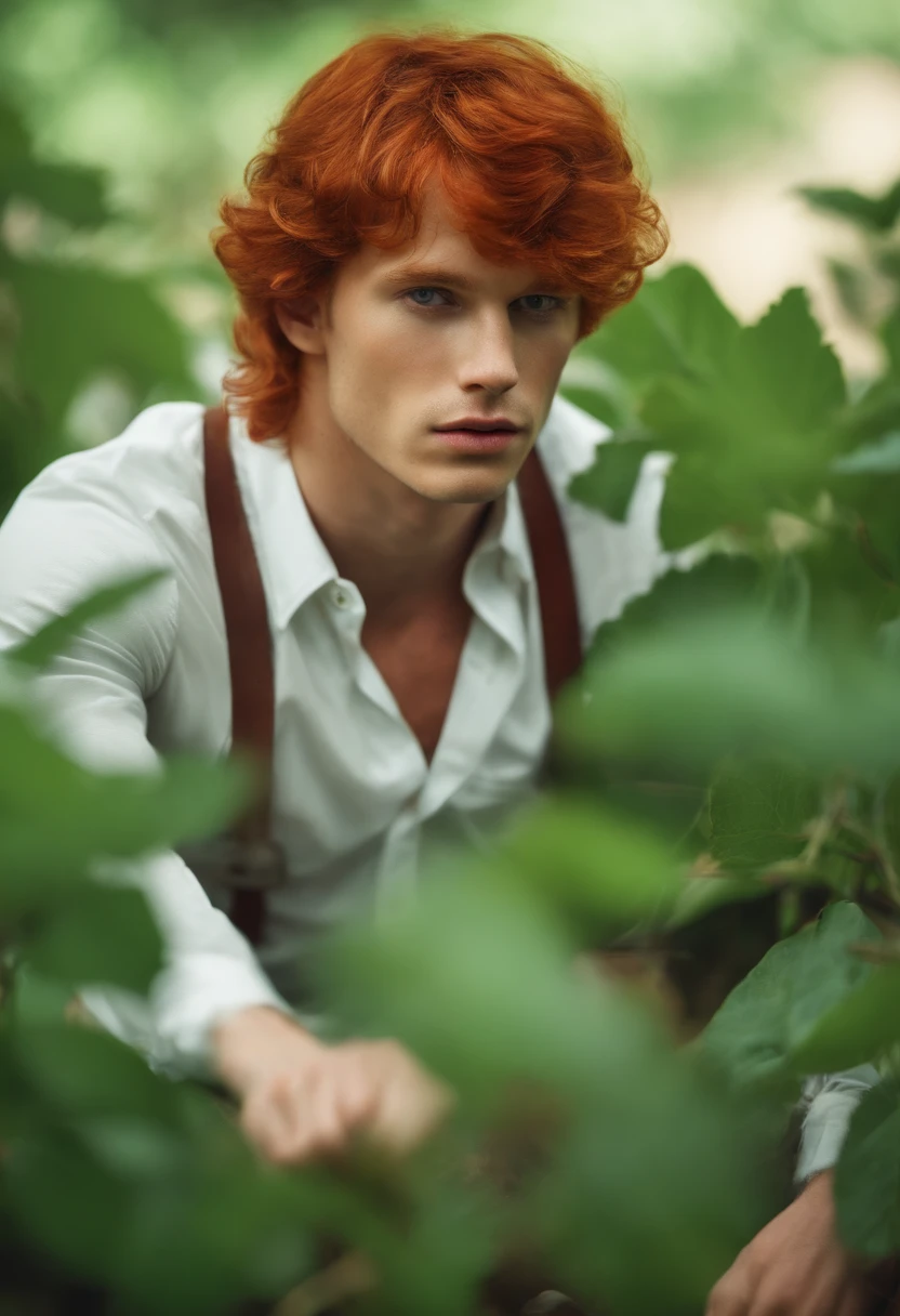 best quality, ultra high-resolution, 1 menino, red hair, olhos verdes, corpo curto e fino, vestindo camisa branca e bermuda, ((Shy expression)), Campo de Morango